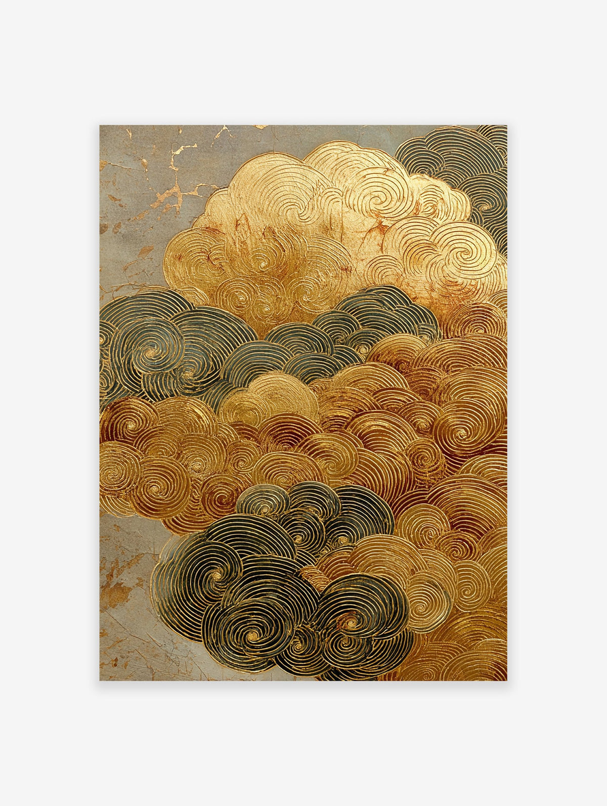 Textured Gold Japanese cloud art print with swirling patterns in gold and dark grey on a distressed background.