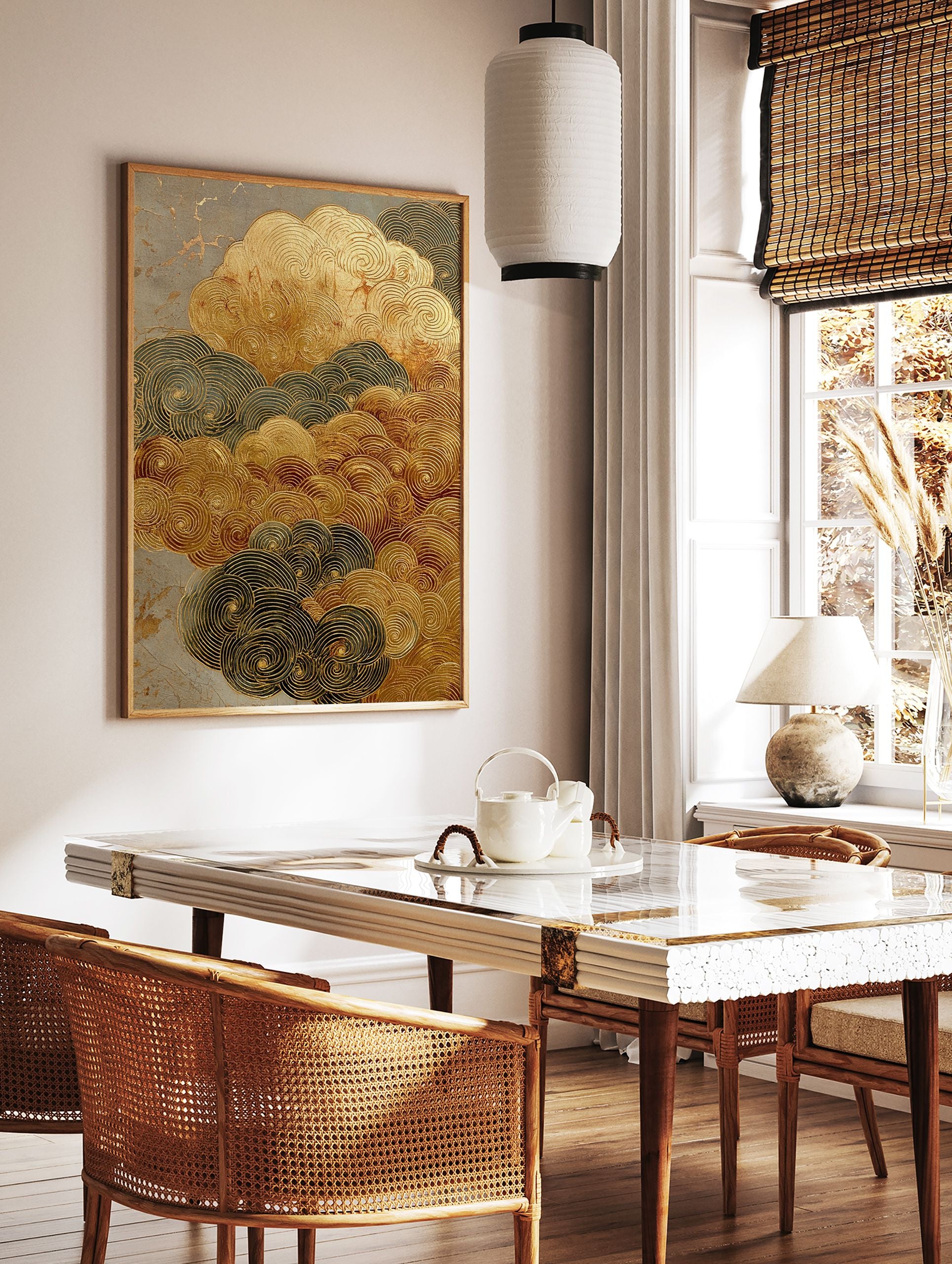 Textured Gold Japanese cloud art print with swirling patterns in gold and dark grey on a distressed background. - Image 2