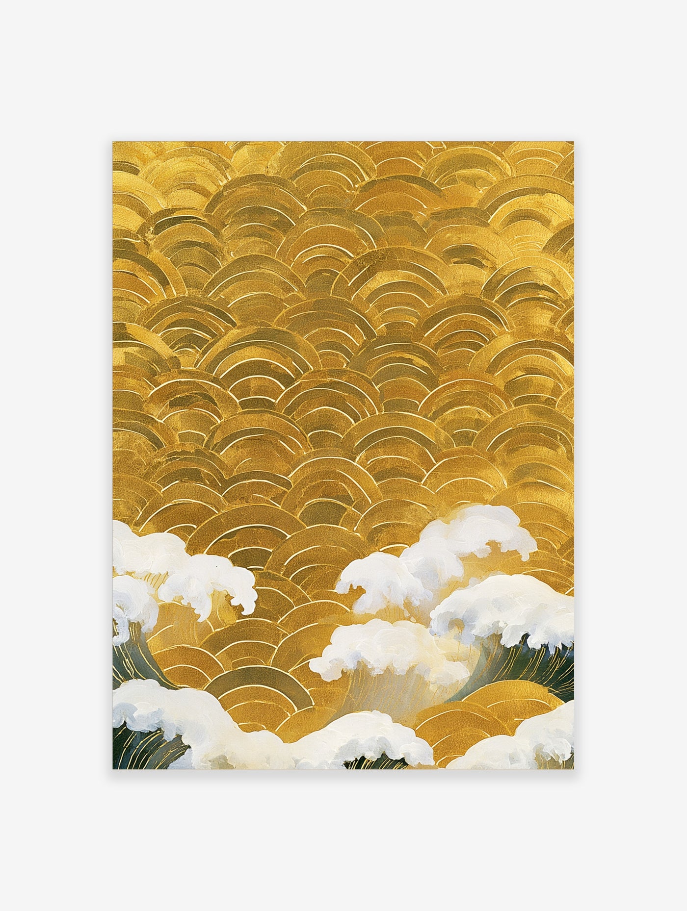 Japanese wave pattern print in gold with white foam crests, Seigaiha style ocean illustration on satin paper