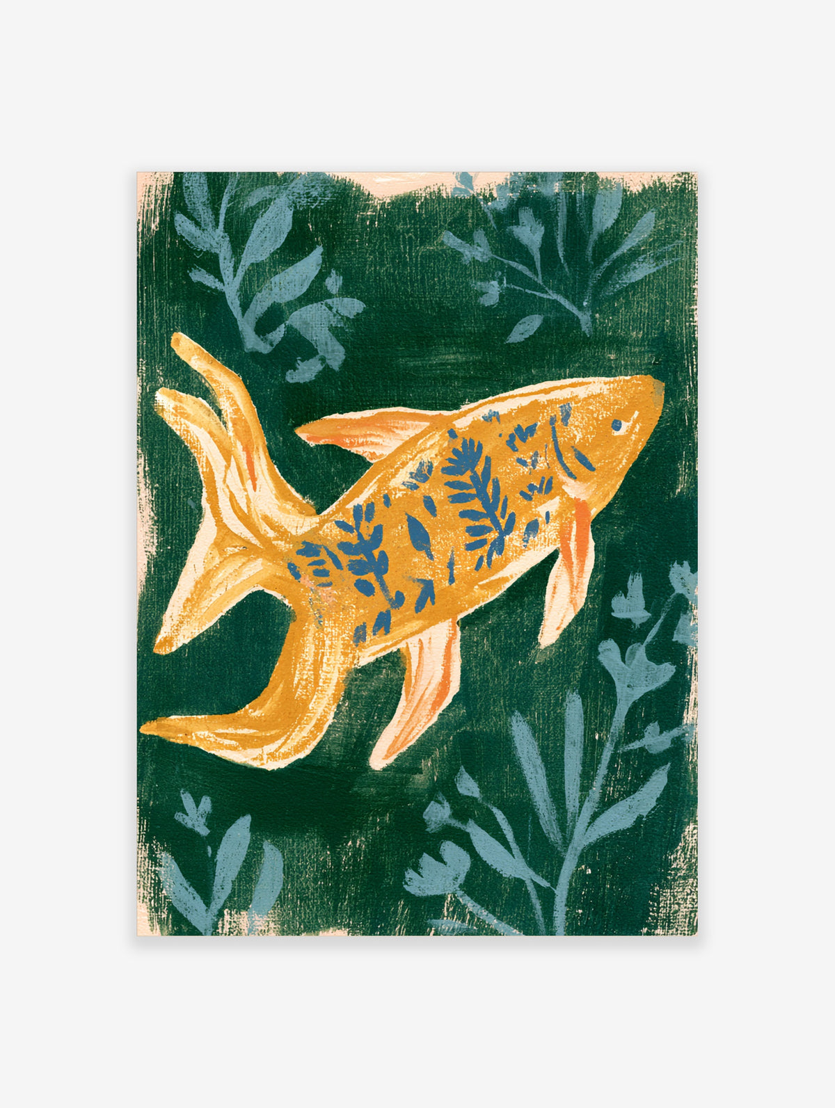 Gold koi fish with blue botanical markings on deep green background, Japanese-style art print