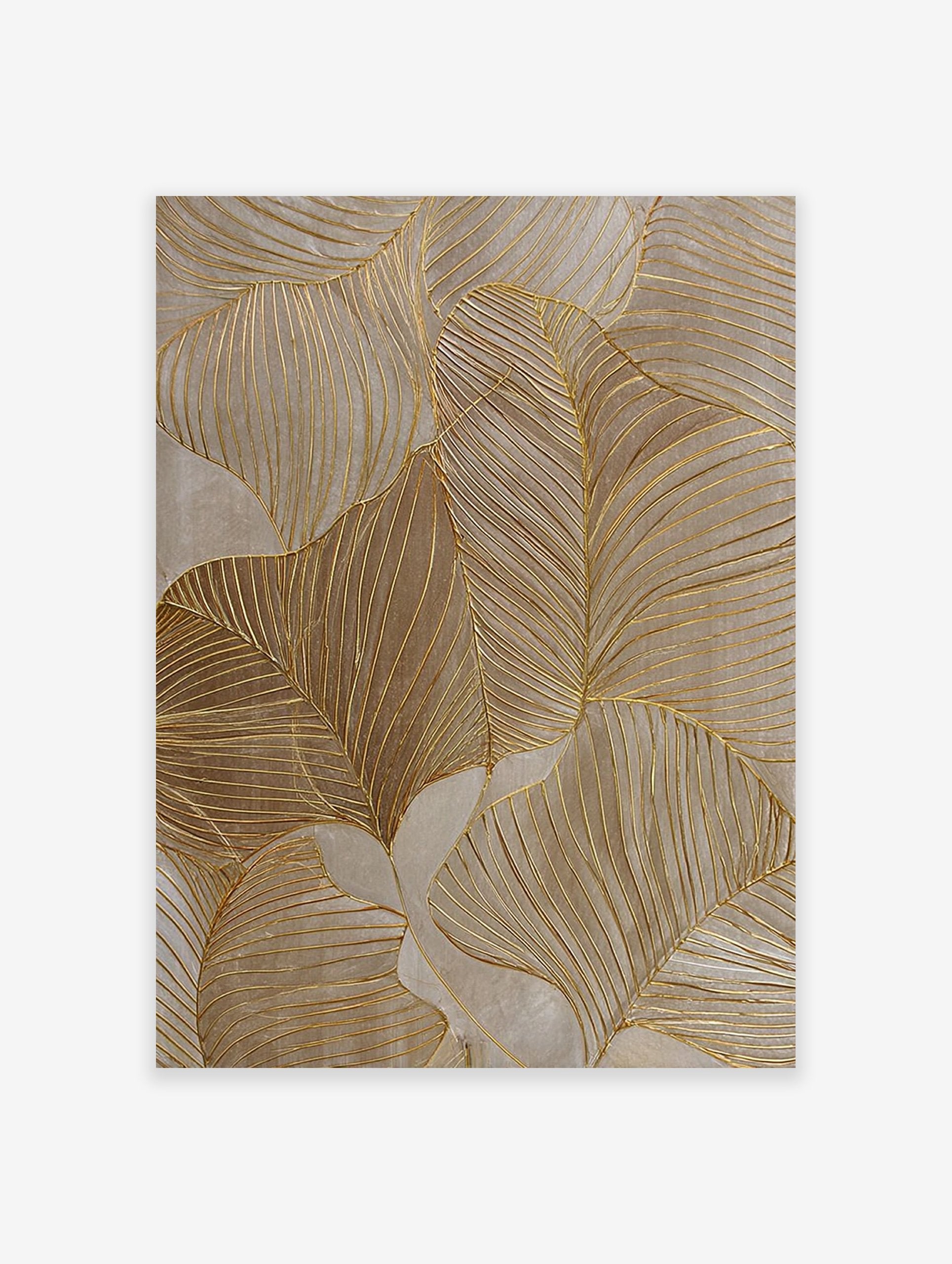 Abstract gold leaf botanical wall art with metallic veins and neutral taupe background, featuring overlapping stylized leaves.