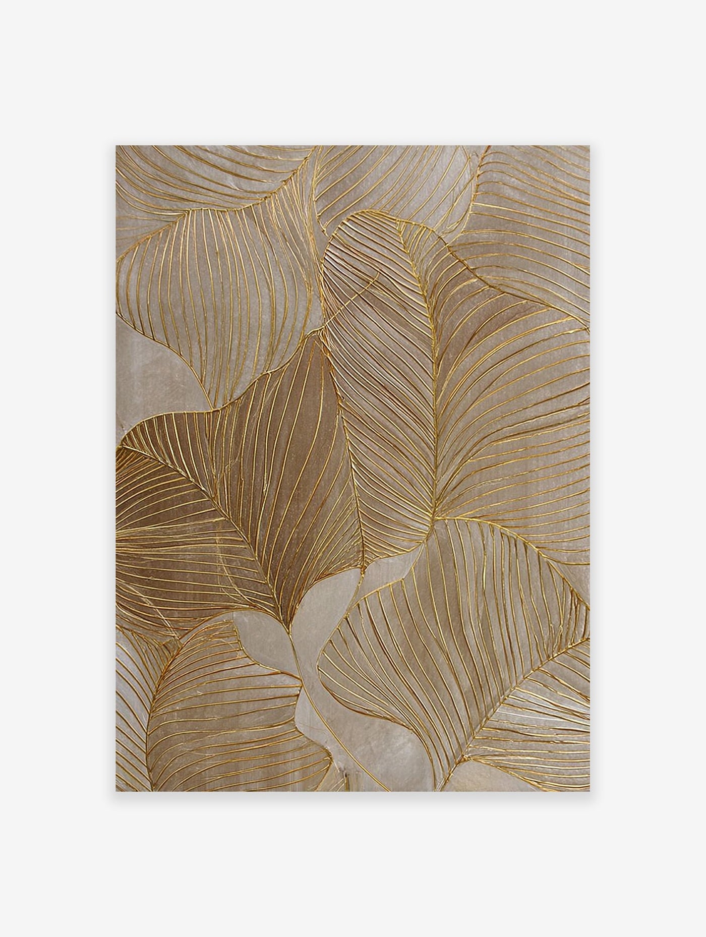 Abstract gold leaf botanical wall art with metallic veins and neutral taupe background, featuring overlapping stylized leaves.