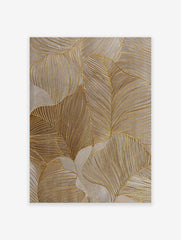 Abstract gold leaf botanical wall art with metallic veins and neutral taupe background, featuring overlapping stylized leaves.