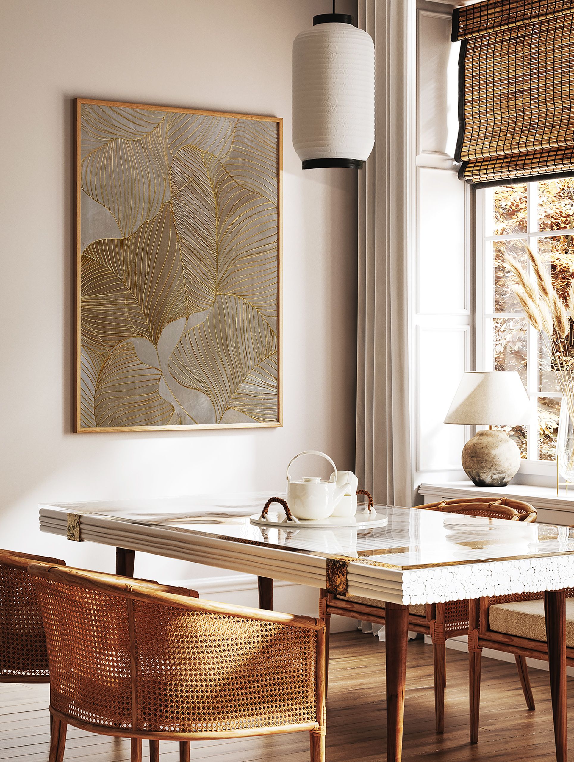 Abstract gold leaf botanical wall art with metallic veins and neutral taupe background, featuring overlapping stylized leaves. - Image 2