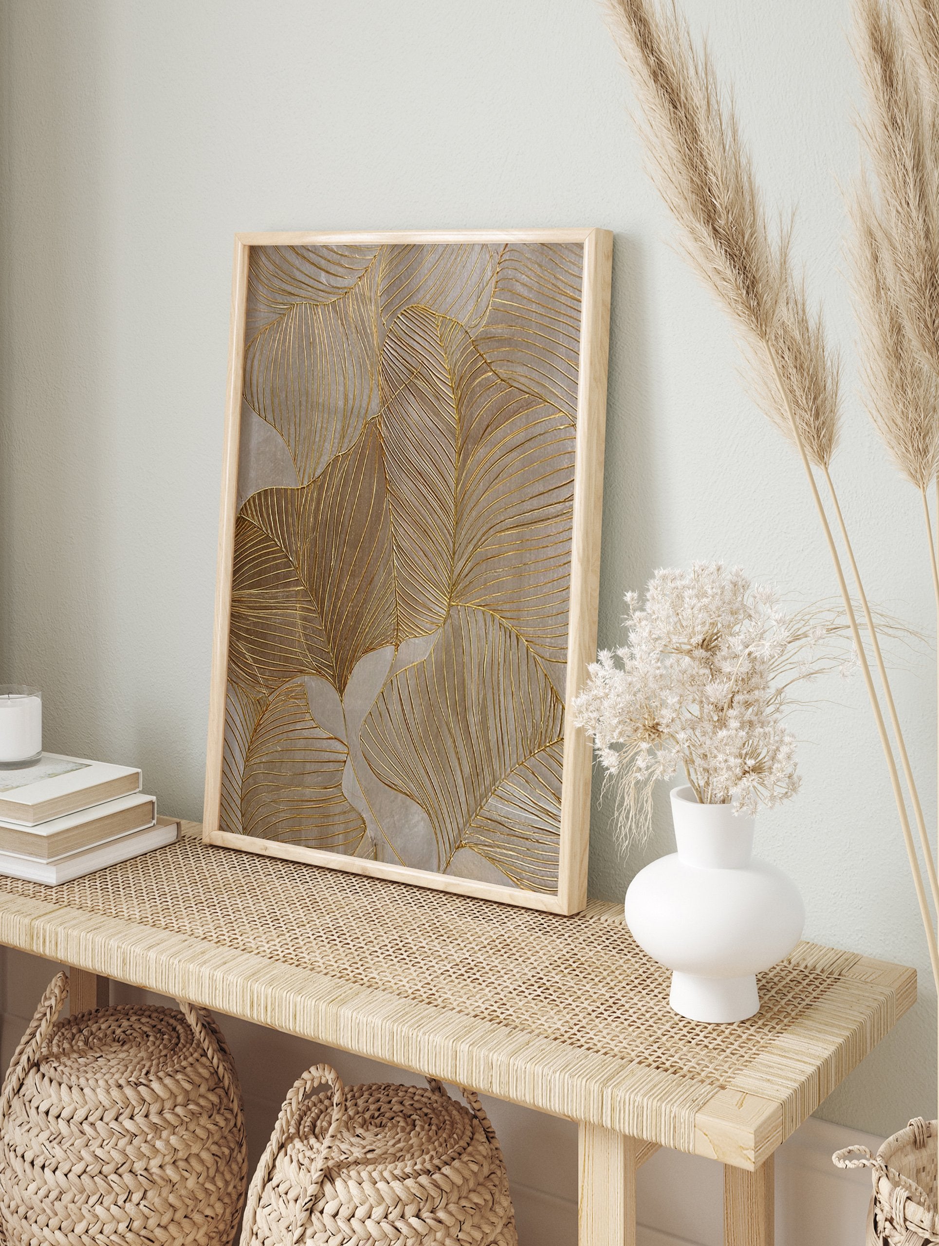 Abstract gold leaf botanical wall art with metallic veins and neutral taupe background, featuring overlapping stylized leaves. - Image 3