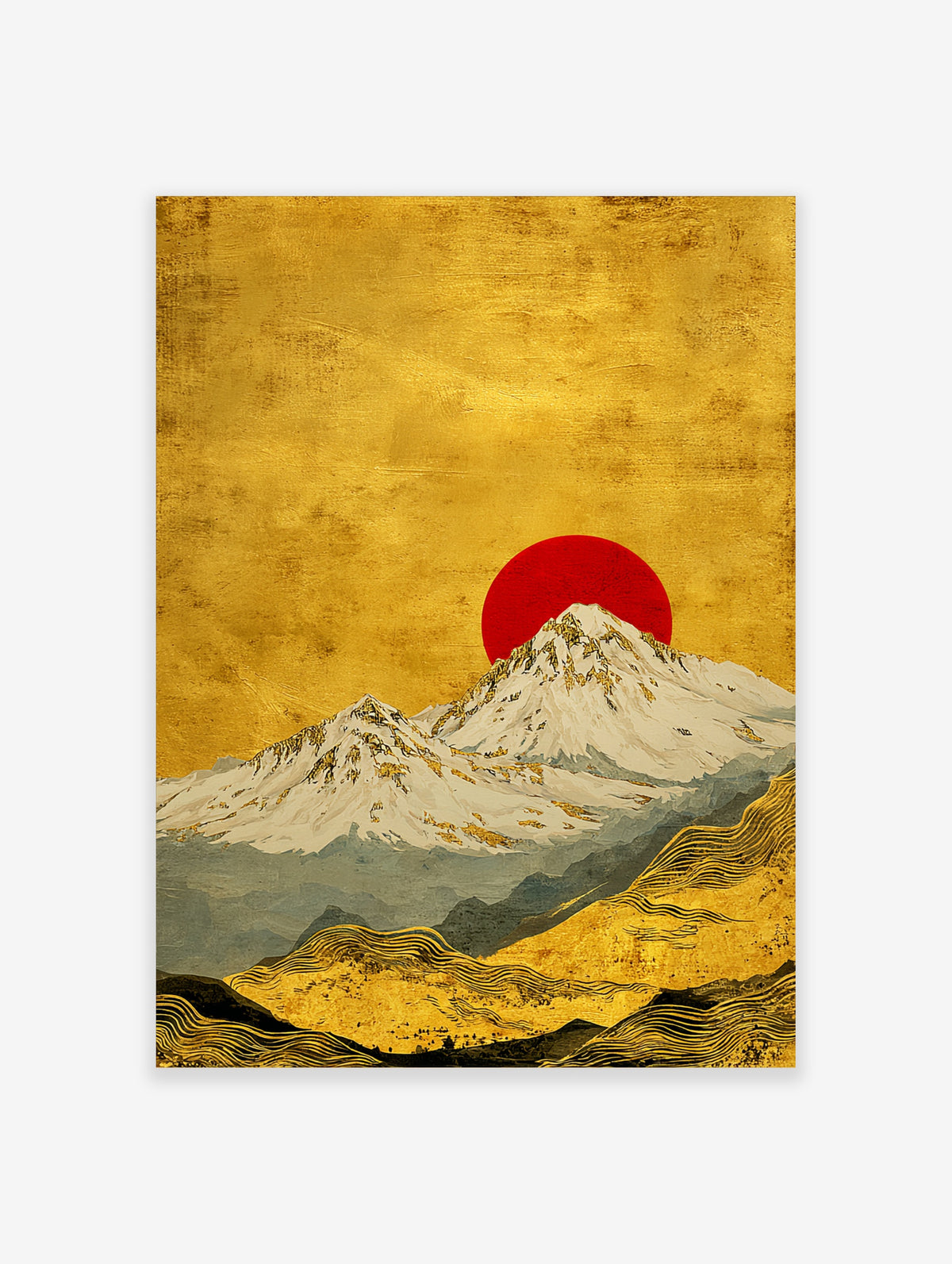 Gold mountain wall art with snow peak, red sun, and wavy foreground lines