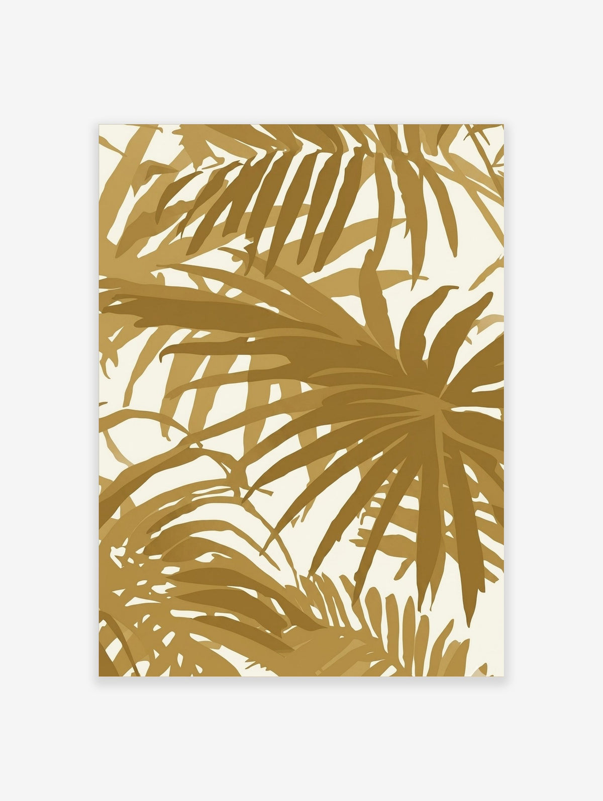 Gold palm leaf tropical botanical wall art print with overlapping foliage on a light background
