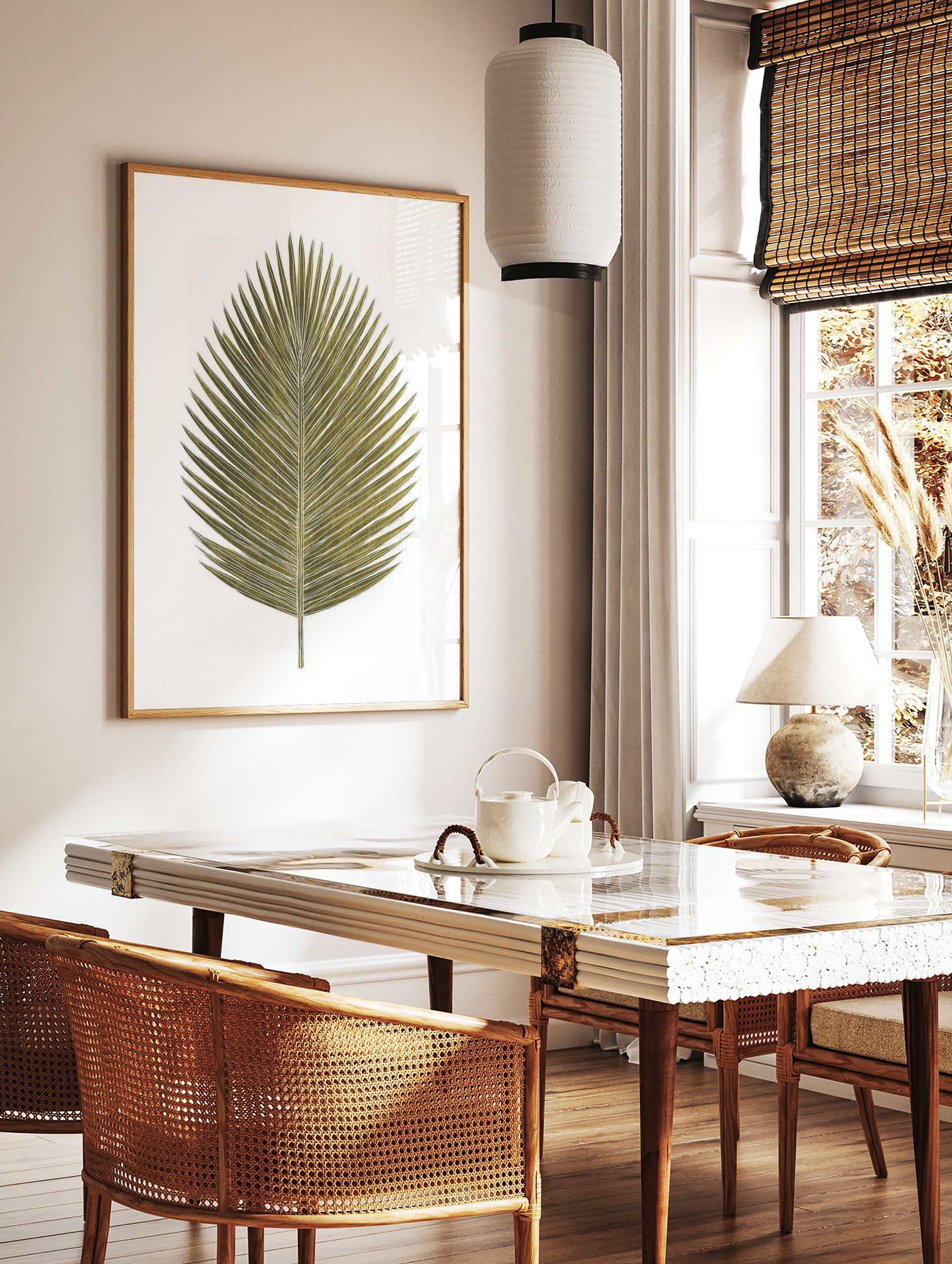 Gold palm leaf botanical illustration art print on a clean white background, tropical style, in a styled room mockup
