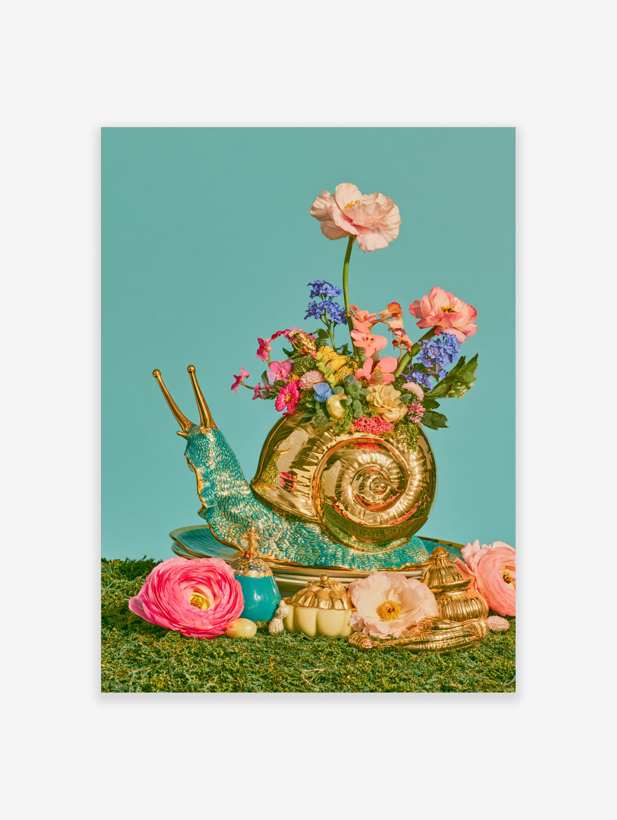 Gold snail vase with pink and blue flowers on teal background, surreal botanical poster