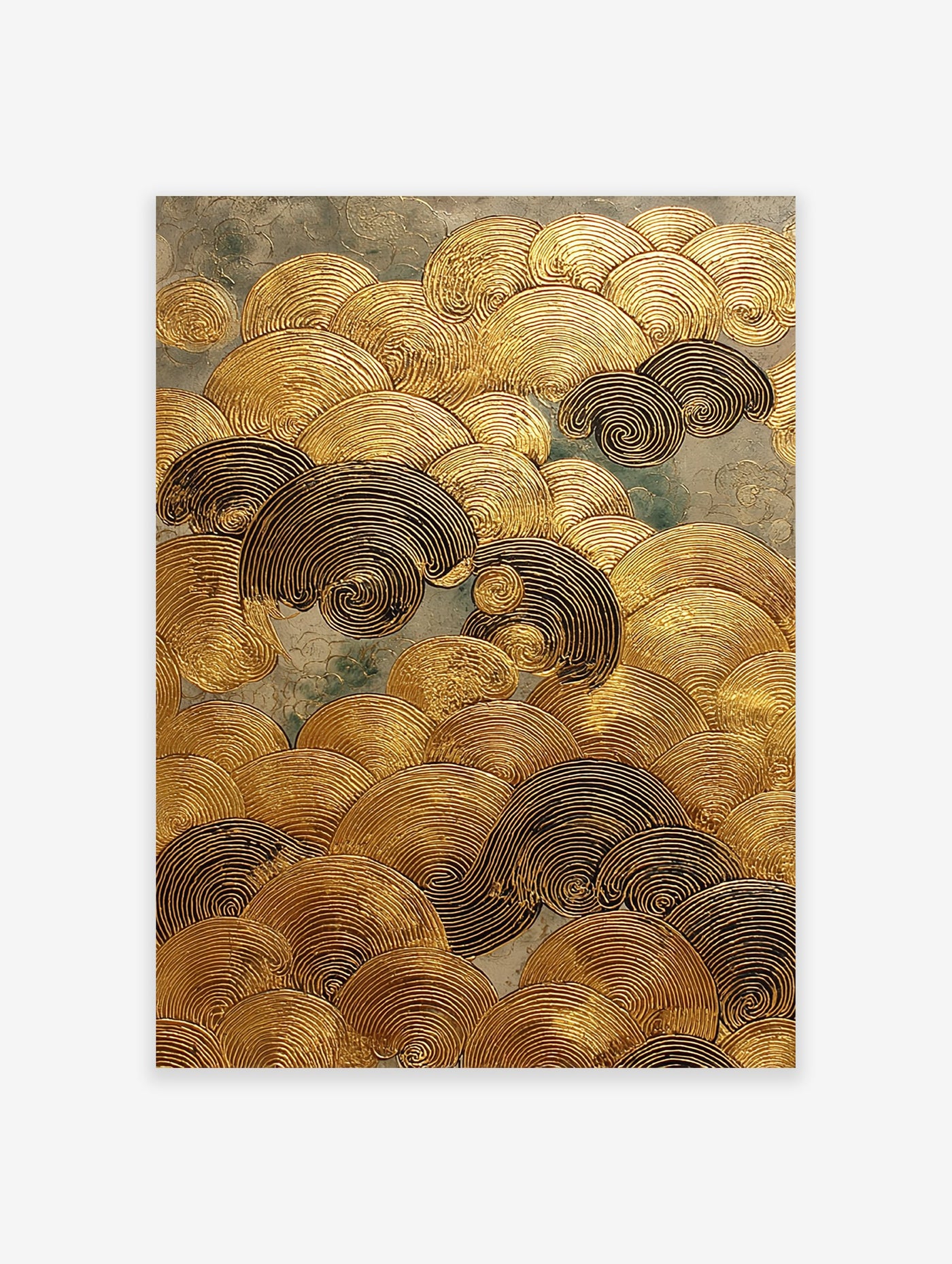 Gold textured wave wall art featuring metallic swirling patterns against a muted grey-green background, showcasing a relief painting style.
