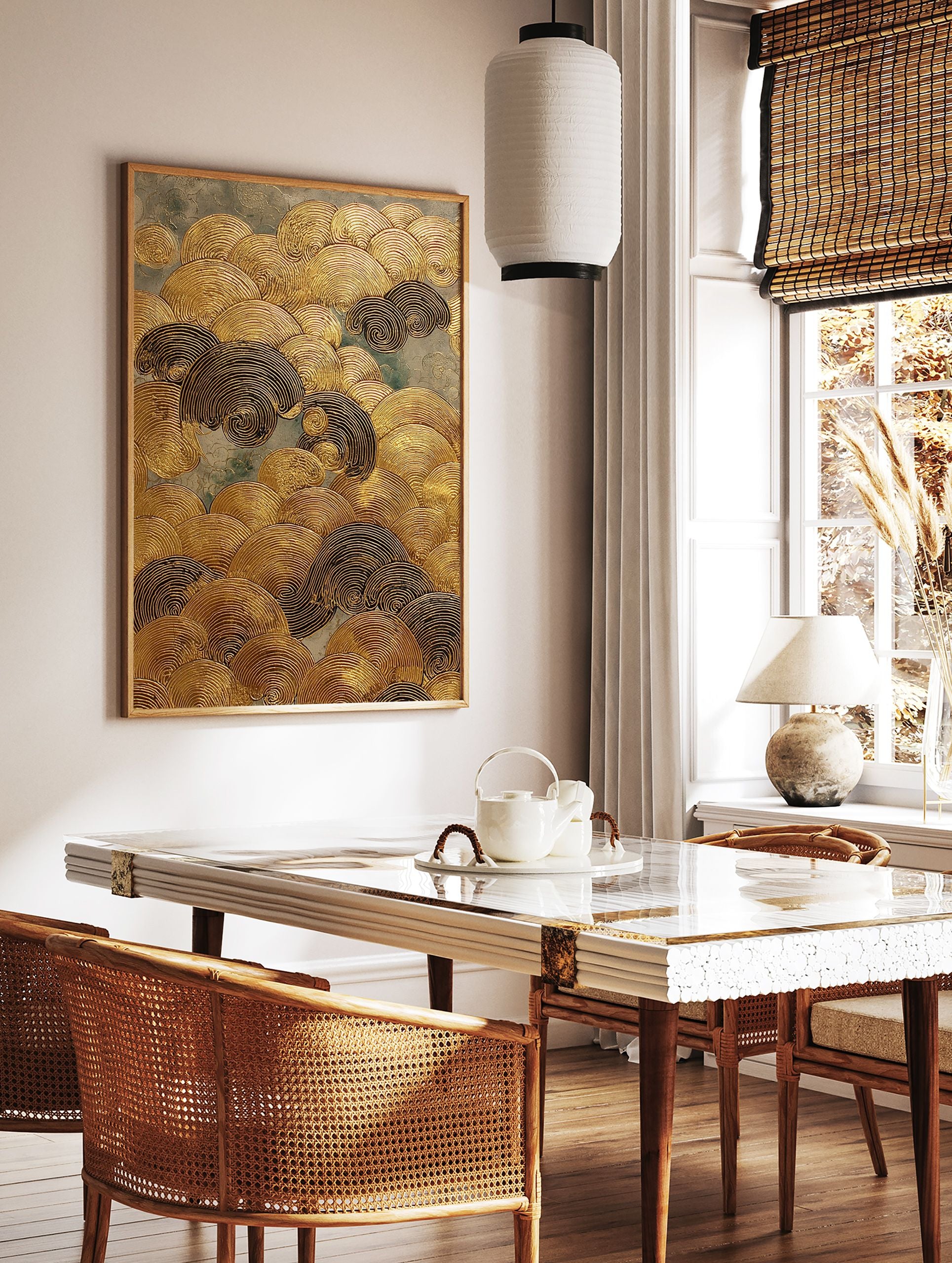 Gold textured wave wall art featuring metallic swirling patterns against a muted grey-green background, showcasing a relief painting style. - Image 2