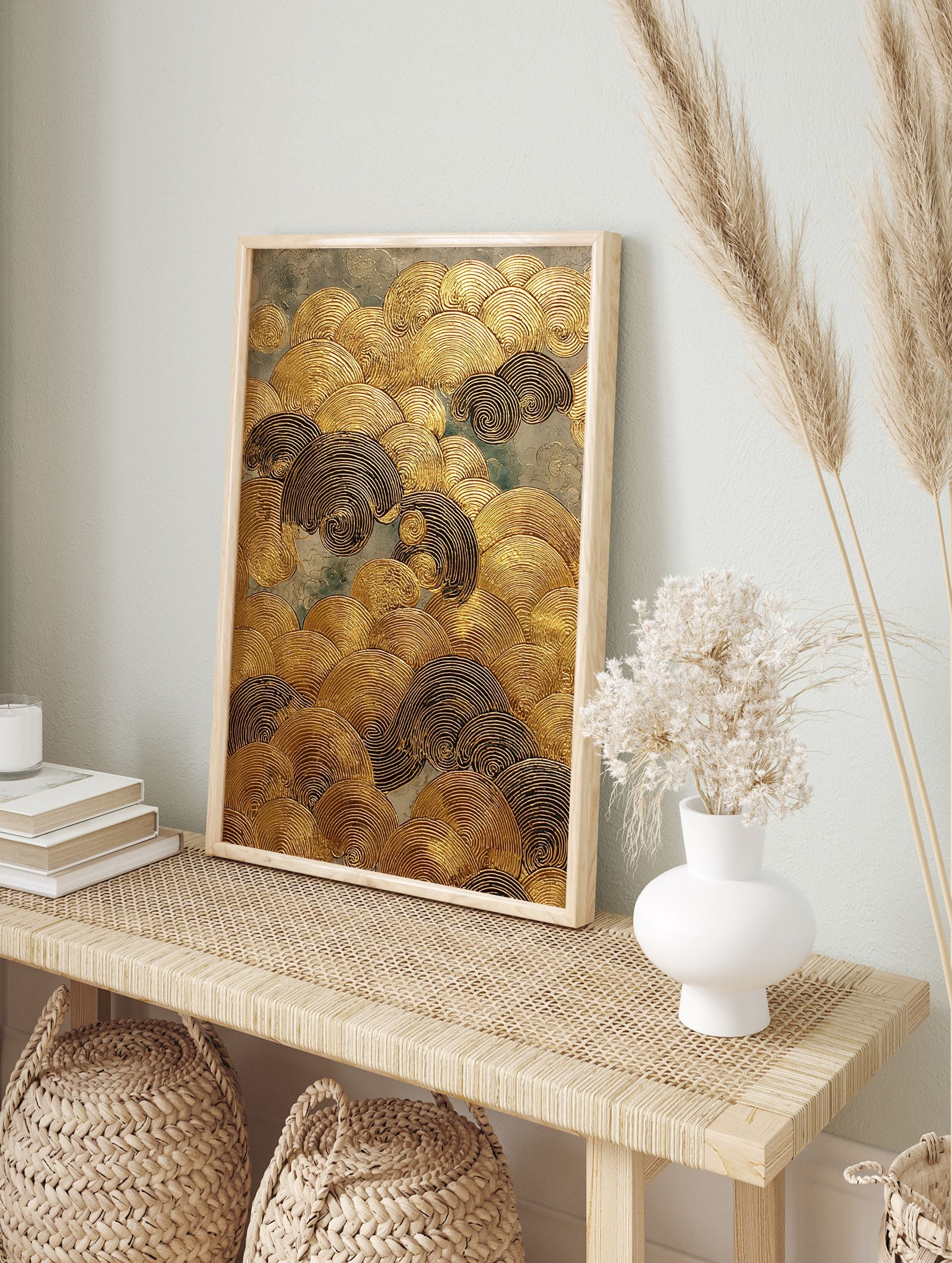 Gold textured wave wall art featuring metallic swirling patterns against a muted grey-green background, showcasing a relief painting style. - Image 3