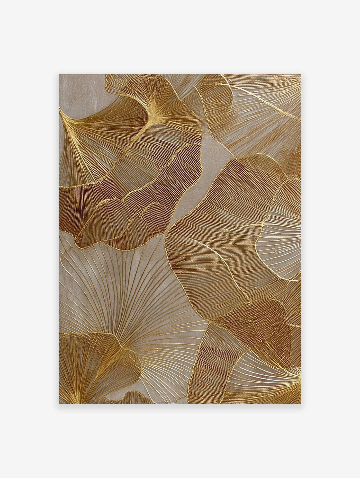 Abstract gold ginkgo leaf wall art with textured lines on a neutral background, modern metallic print.
