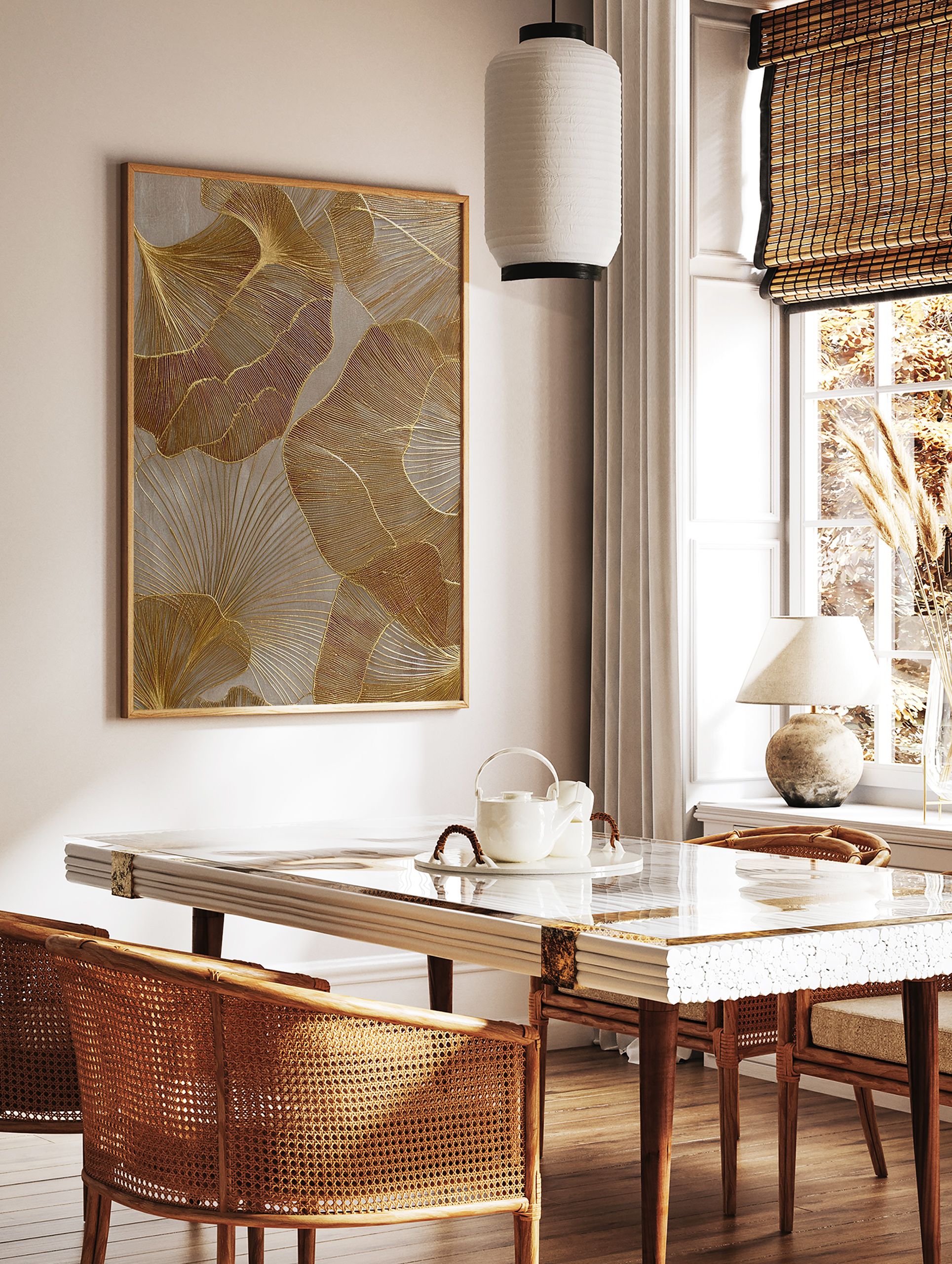 Abstract gold ginkgo leaf wall art with textured lines on a neutral background, modern metallic print. - Image 2