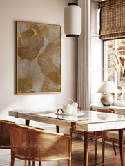 Abstract gold ginkgo leaf wall art with textured lines on a neutral background, modern metallic print. - Image 2