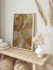Abstract gold ginkgo leaf wall art with textured lines on a neutral background, modern metallic print. - Image 3