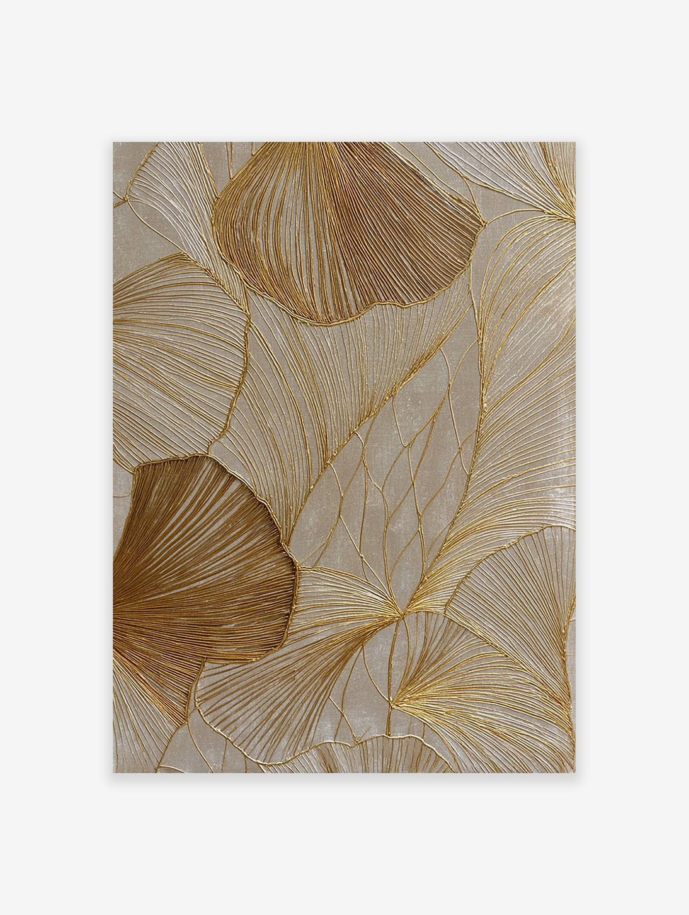 Textured gold botanical wall art featuring abstract leaf patterns with shimmering metallic lines on a neutral beige background.