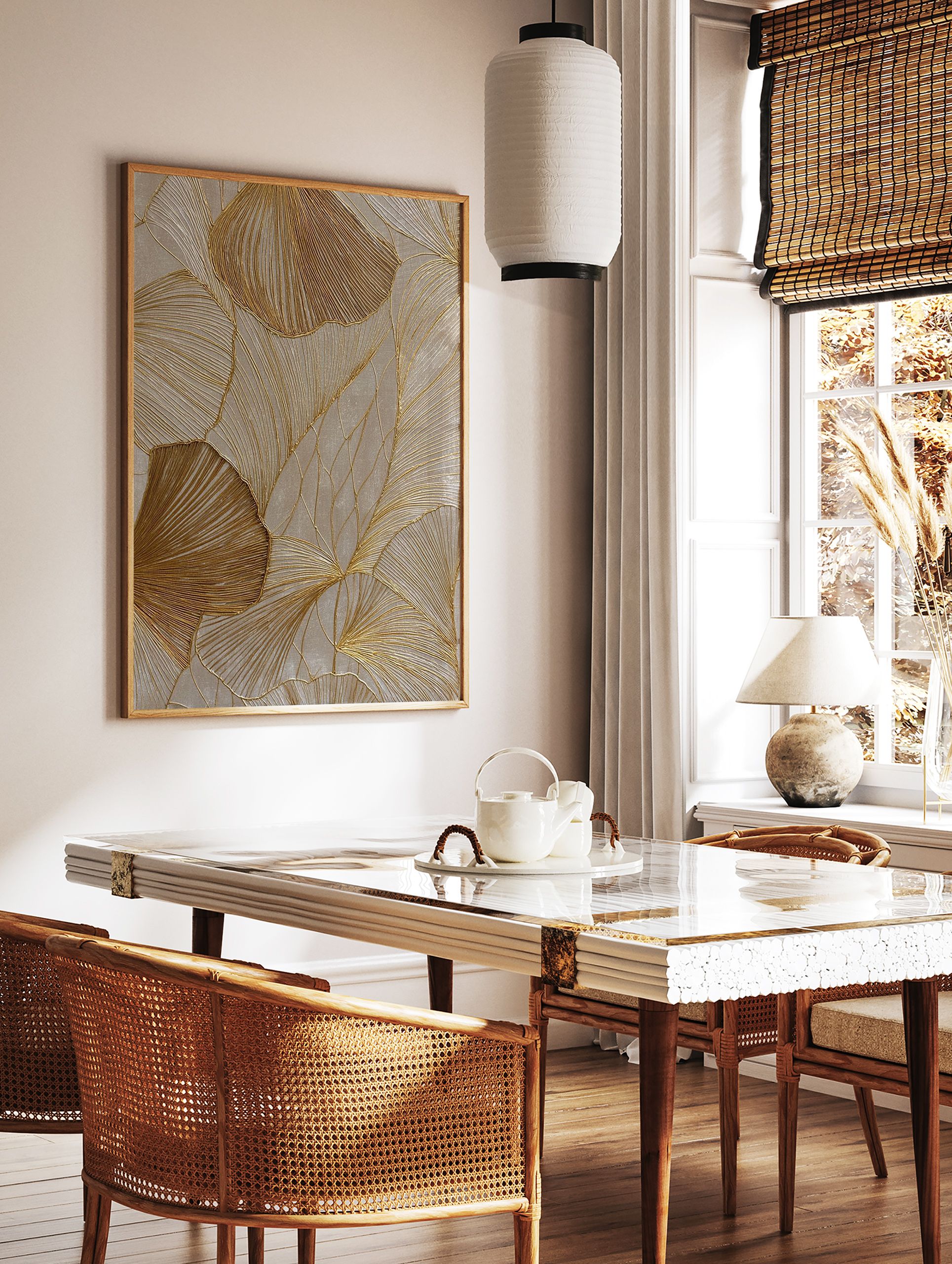 Textured gold botanical wall art featuring abstract leaf patterns with shimmering metallic lines on a neutral beige background. - Image 2