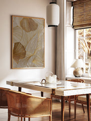 Textured gold botanical wall art featuring abstract leaf patterns with shimmering metallic lines on a neutral beige background. - Image 2