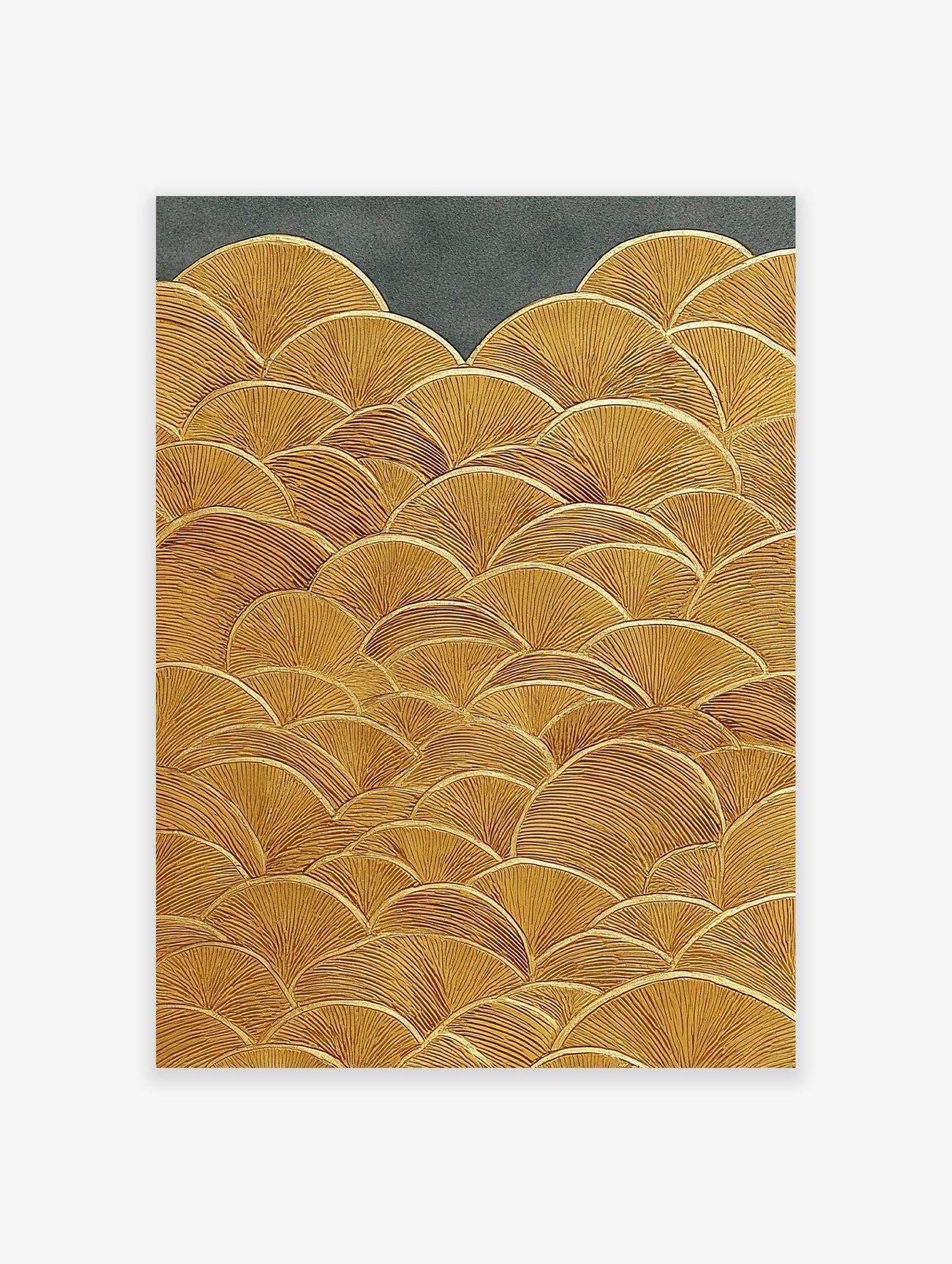 Textured gold wall art print featuring a repeating ginkgo leaf or fan pattern on a dark grey background.