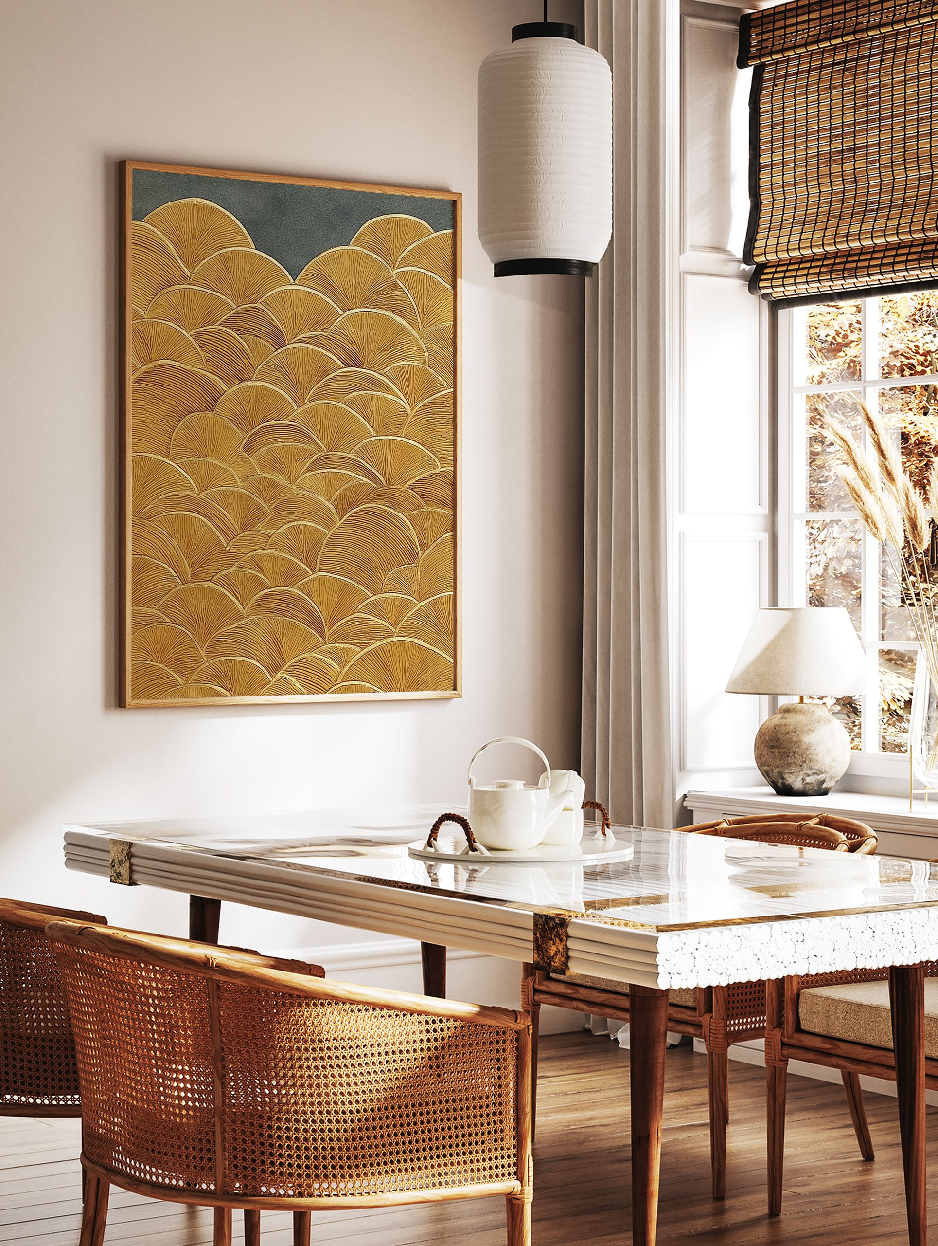 Textured gold wall art print featuring a repeating ginkgo leaf or fan pattern on a dark grey background. - Image 2