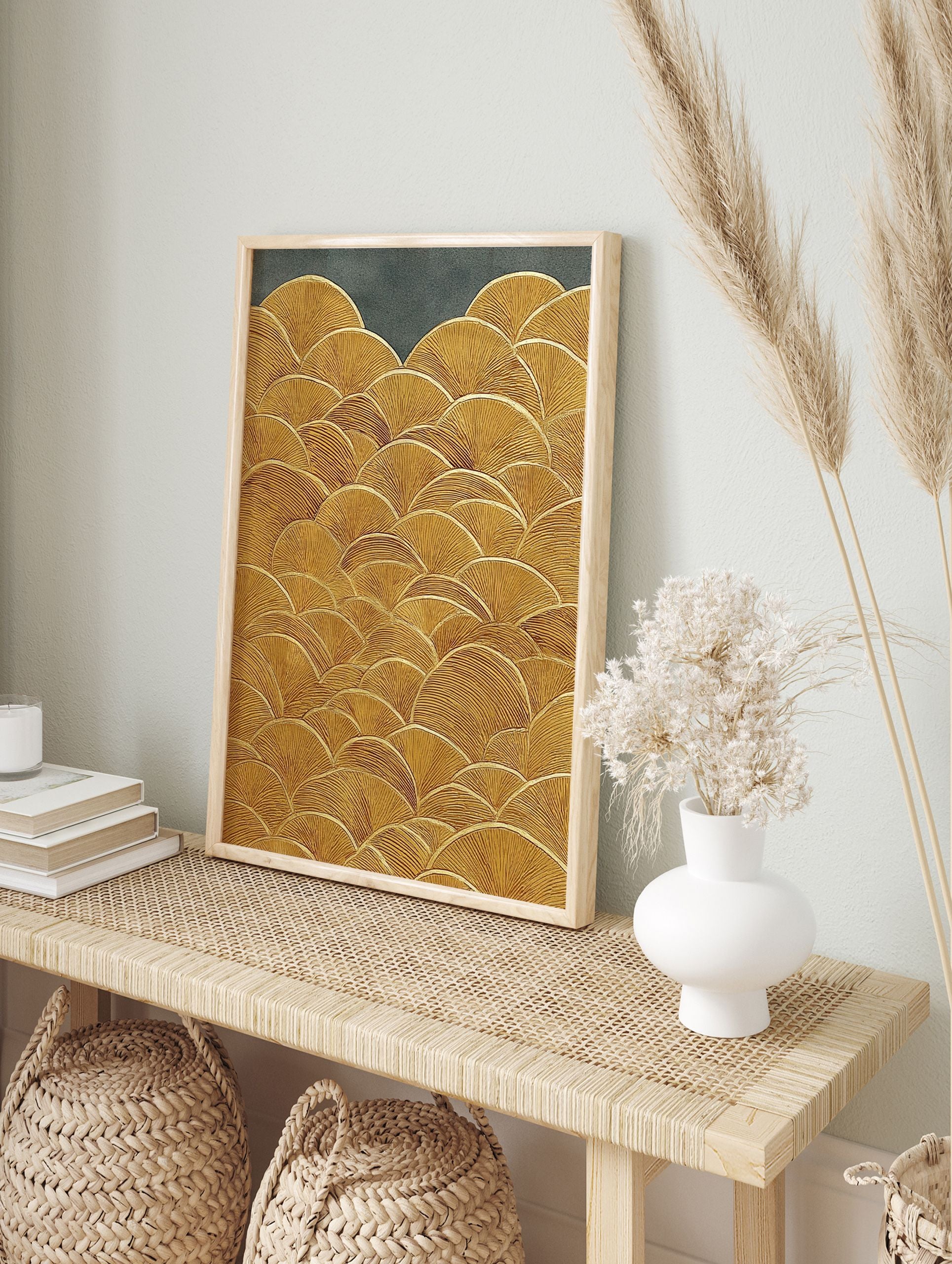 Textured gold wall art print featuring a repeating ginkgo leaf or fan pattern on a dark grey background. - Image 3