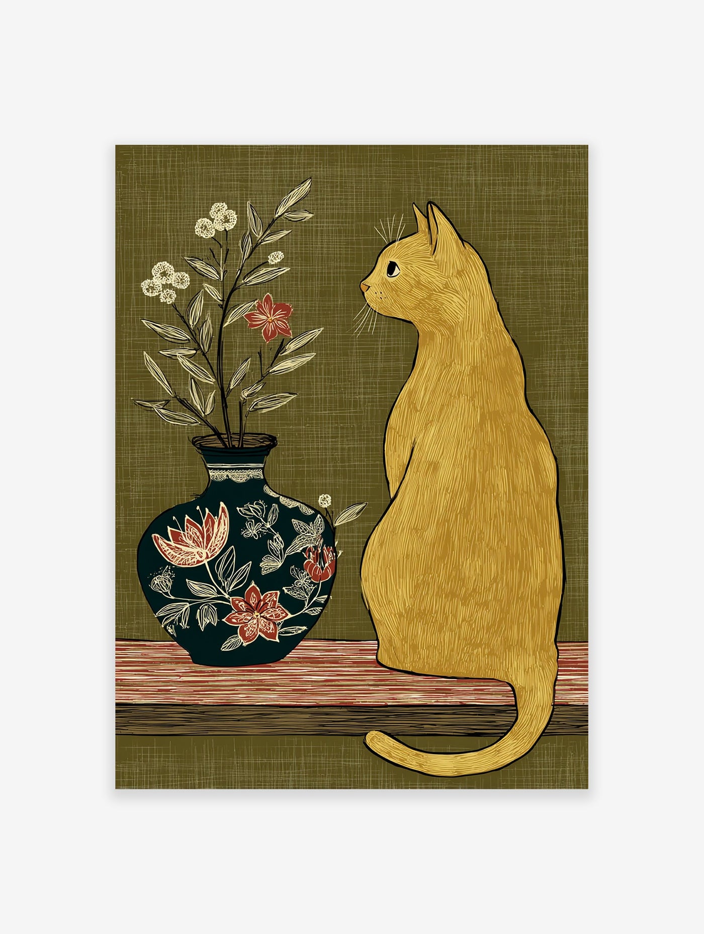 Golden cat wall art illustration looking at a dark floral vase with red and white flowers on a striped surface with a green background.