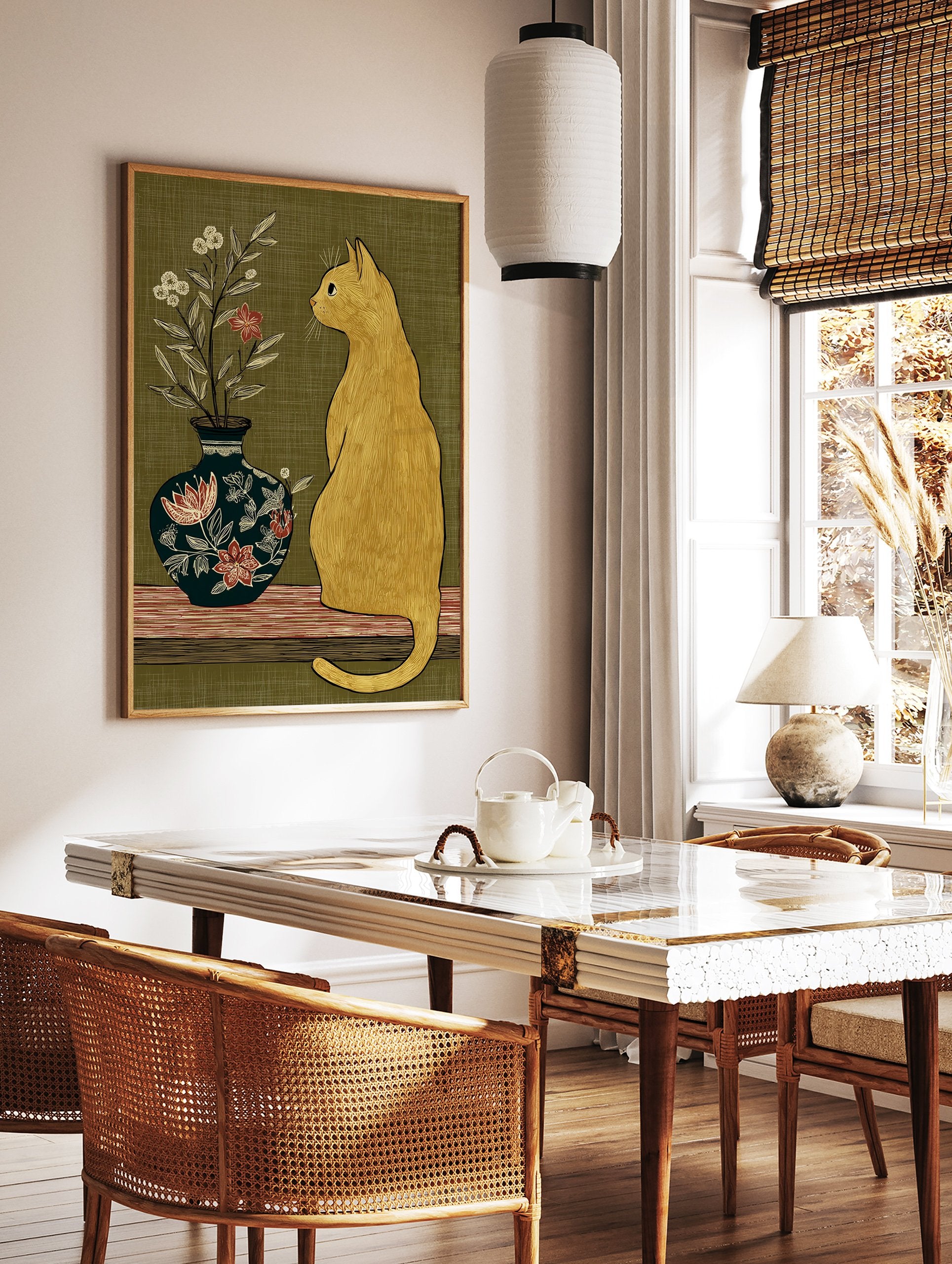 Golden cat wall art illustration looking at a dark floral vase with red and white flowers on a striped surface with a green background. - Image 2