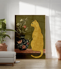 Golden cat wall art illustration looking at a dark floral vase with red and white flowers on a striped surface with a green background. - Image 3