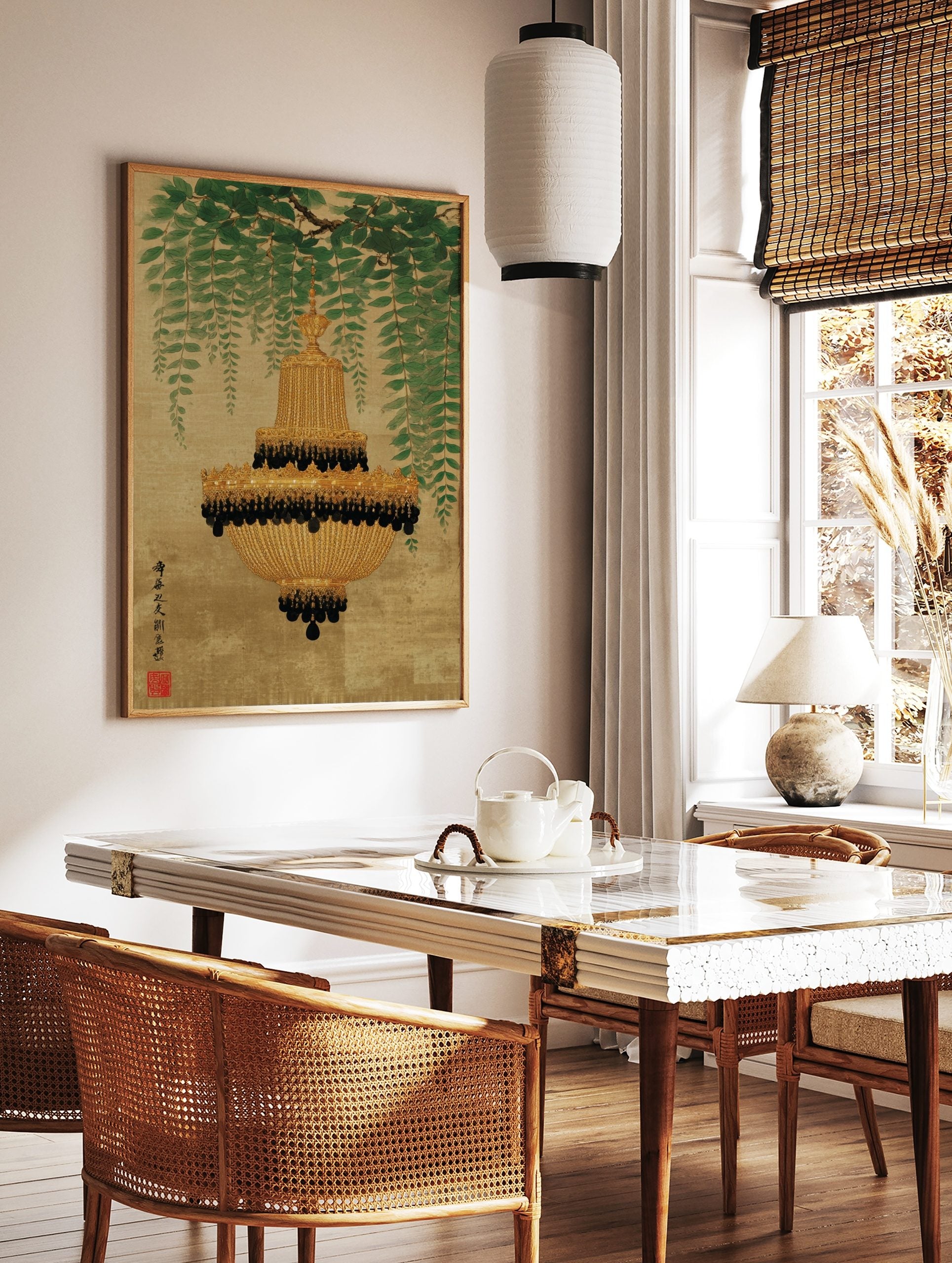Ornate golden chandelier with black accents, green leaves, and East Asian calligraphy on a gold, in a styled room mockup