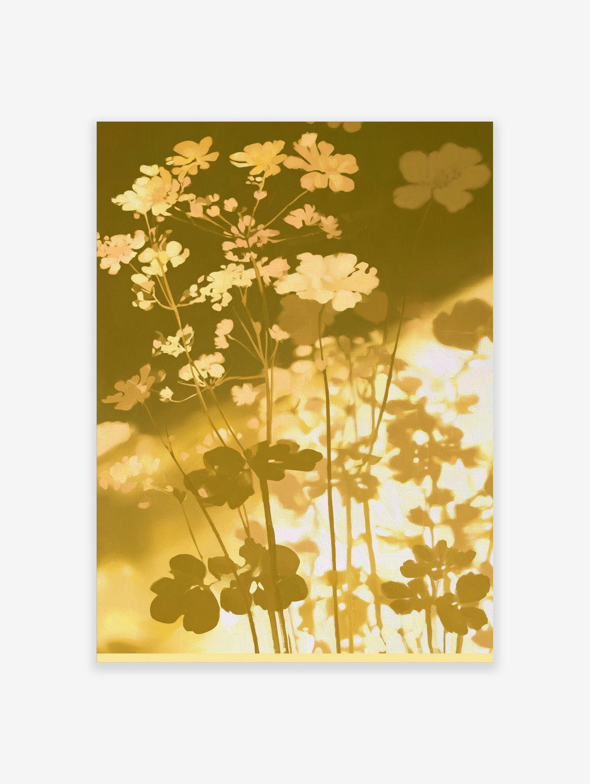 Golden floral silhouette wall art with yellow blooms and dark leaf shadows on a warm background