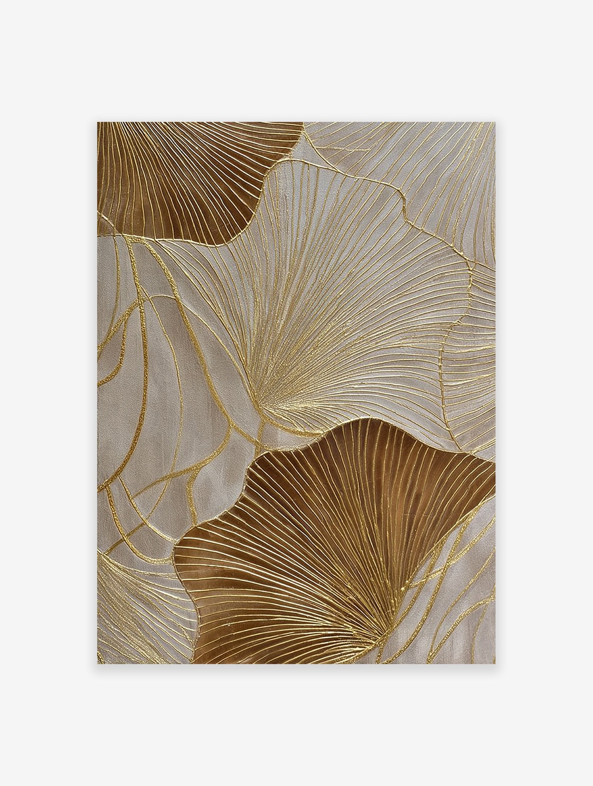 Golden ginkgo leaf abstract wall art with textured lines on a light neutral background, featuring metallic accents.