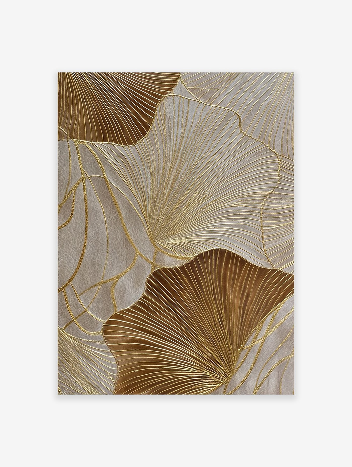 Golden ginkgo leaf abstract wall art with textured lines on a light neutral background, featuring metallic accents.