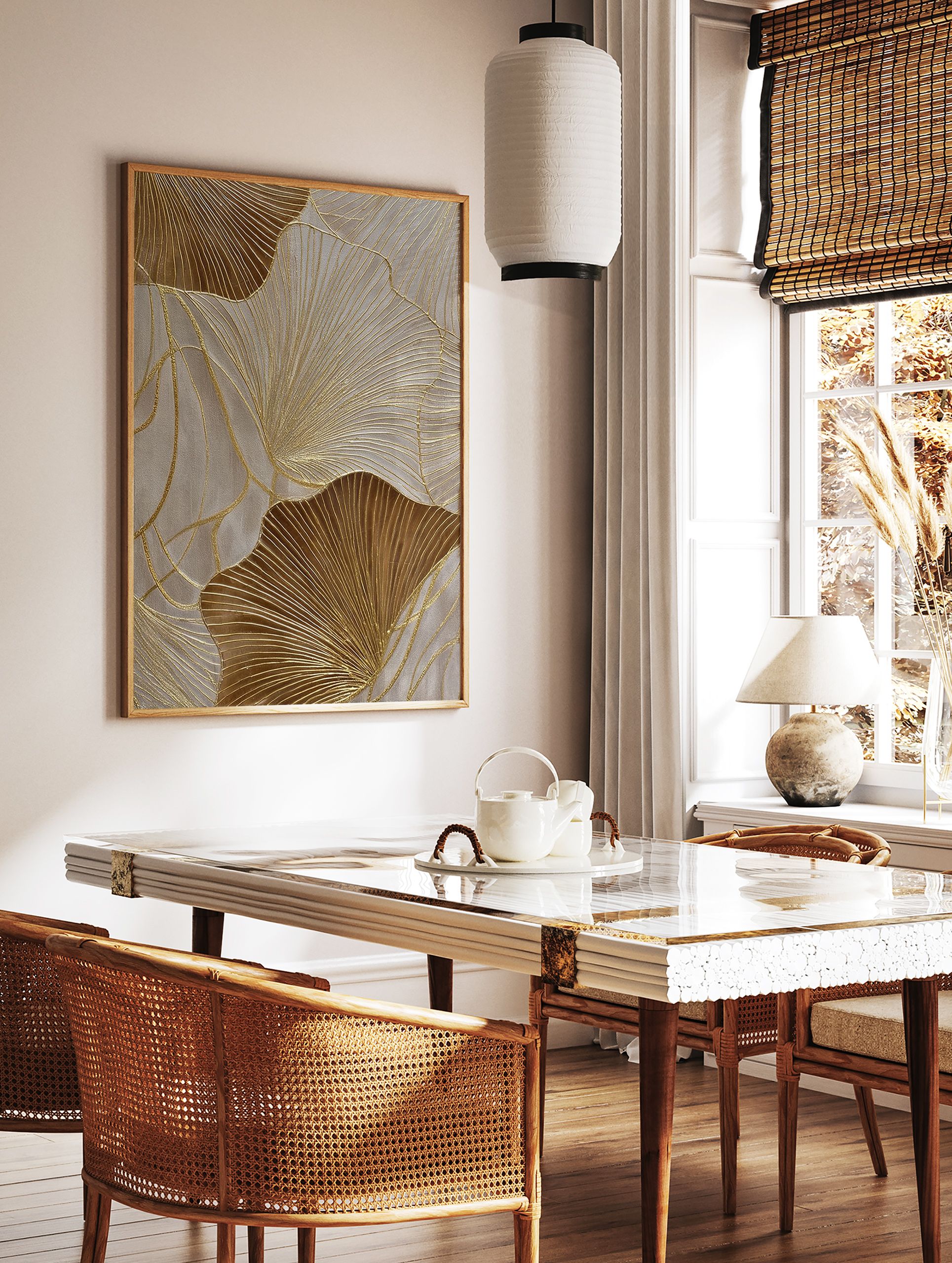 Golden ginkgo leaf abstract wall art with textured lines on a light neutral background, featuring metallic accents. - Image 2