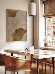 Golden ginkgo leaf abstract wall art with textured lines on a light neutral background, featuring metallic accents. - Image 2