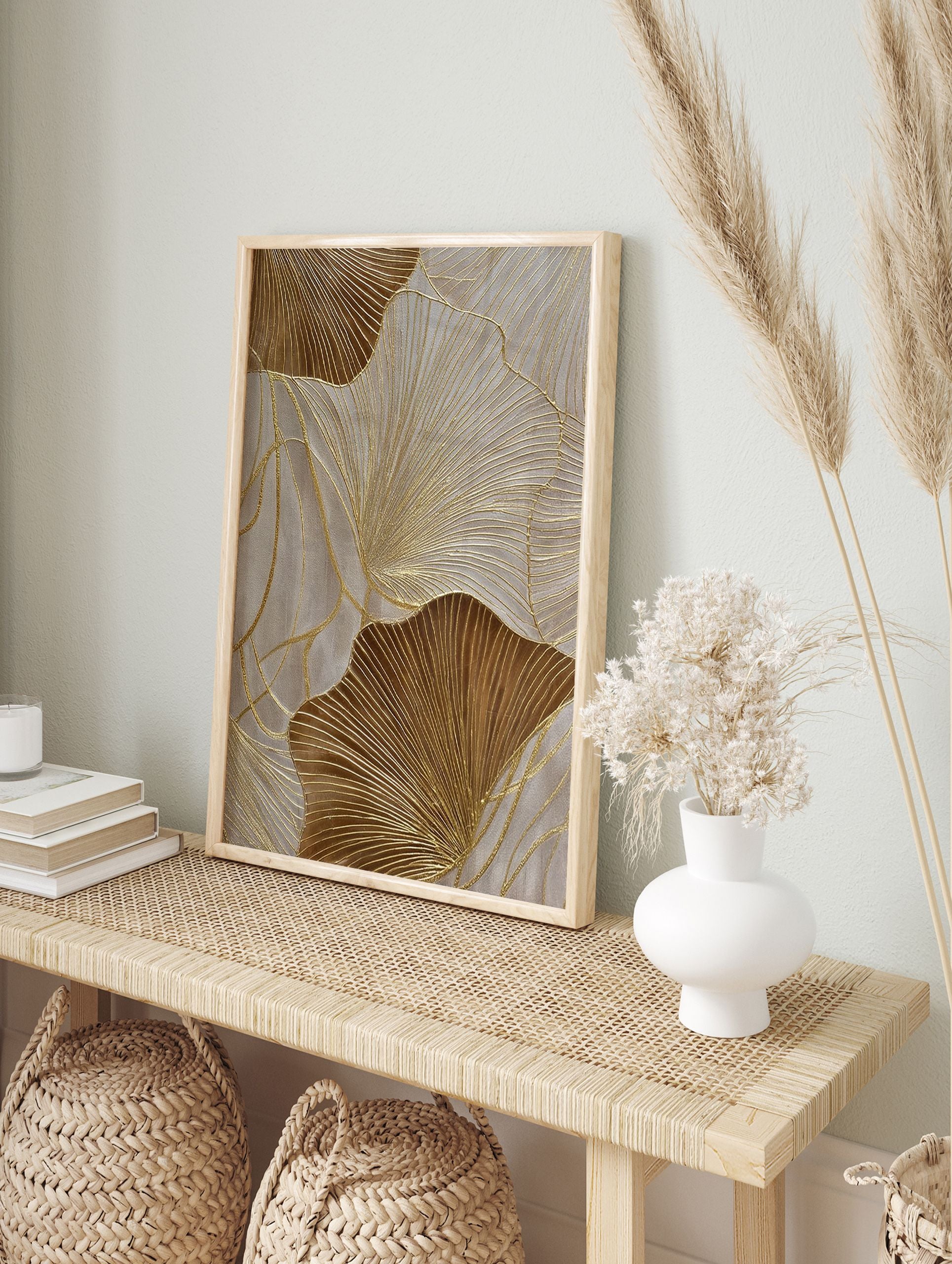 Golden ginkgo leaf abstract wall art with textured lines on a light neutral background, featuring metallic accents. - Image 3