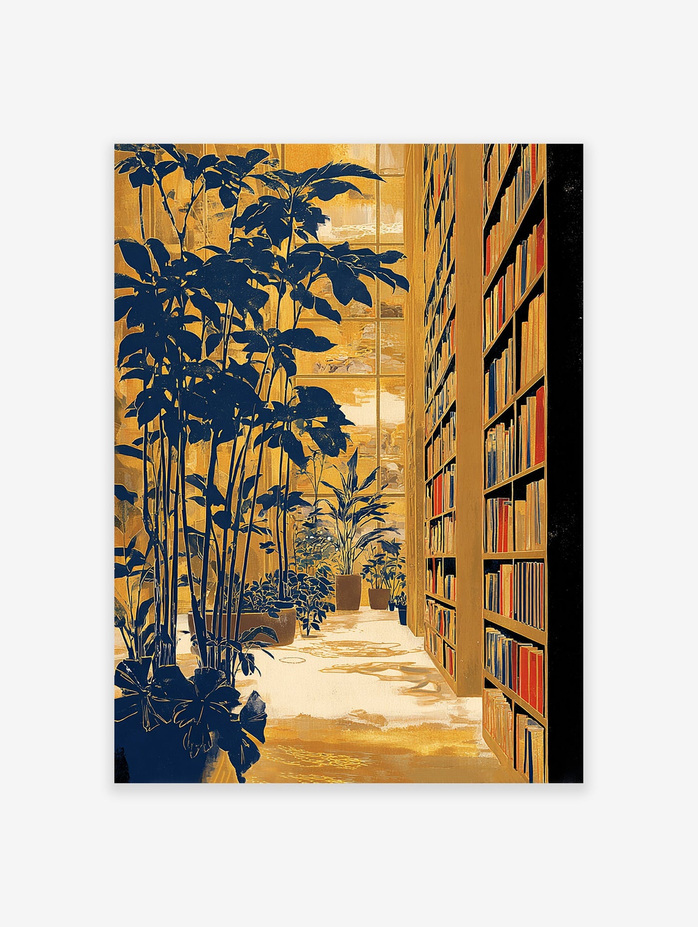 Golden and blue library wall art featuring potted plants and bookshelves filled with books by a window.