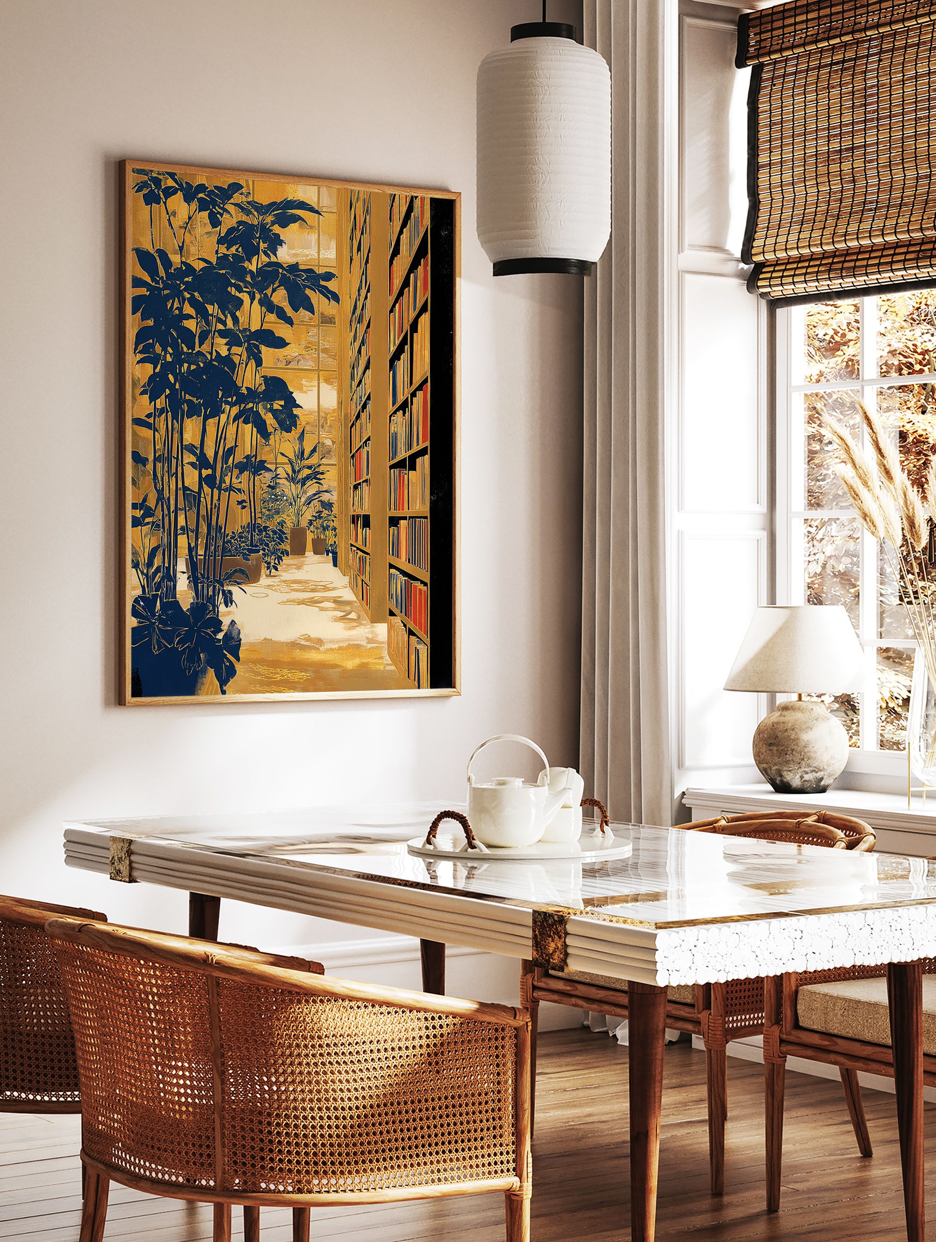 Golden and blue library wall art featuring potted plants and bookshelves filled with books by a window. - Image 2