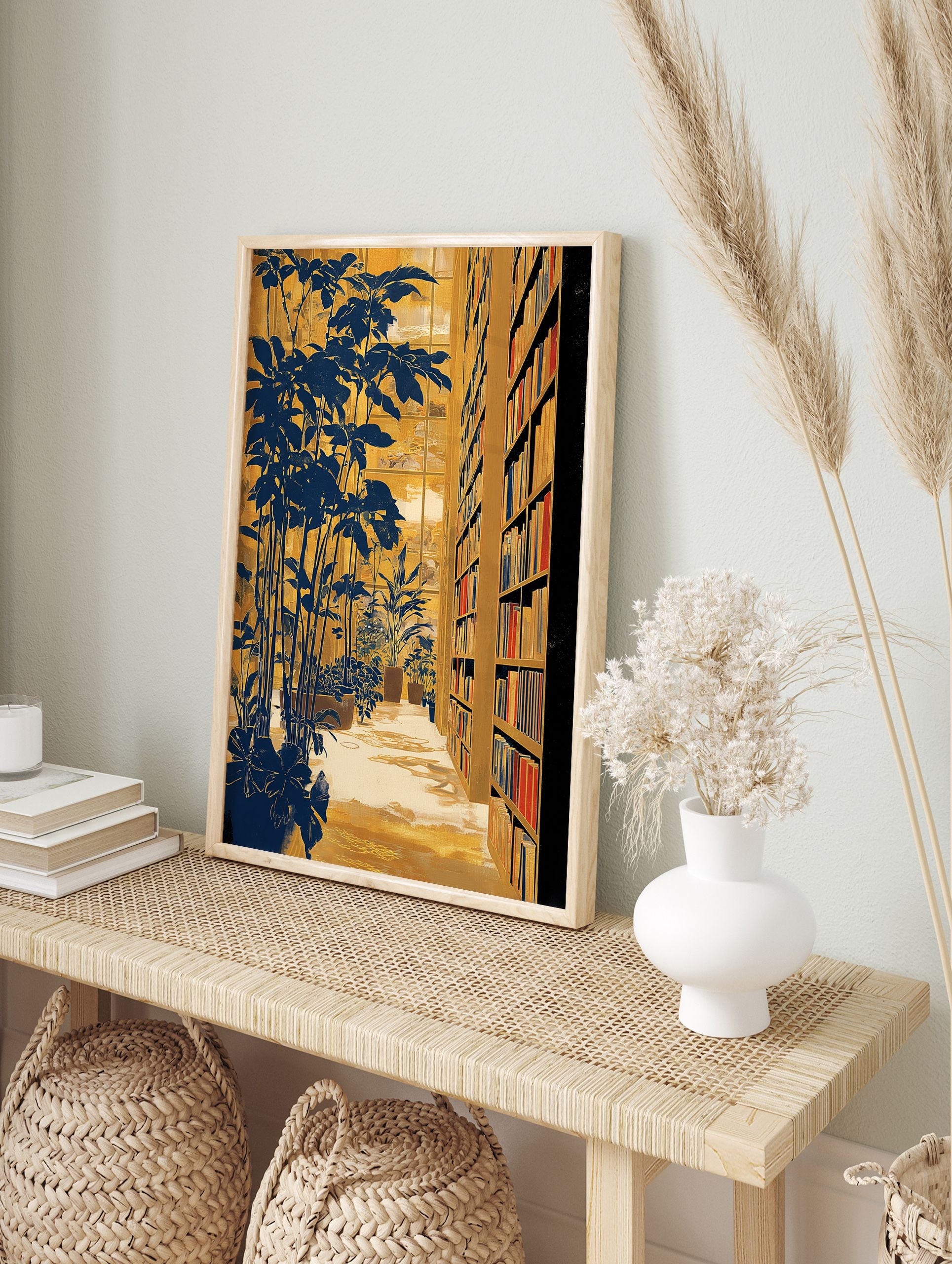Golden and blue library wall art featuring potted plants and bookshelves filled with books by a window. - Image 3