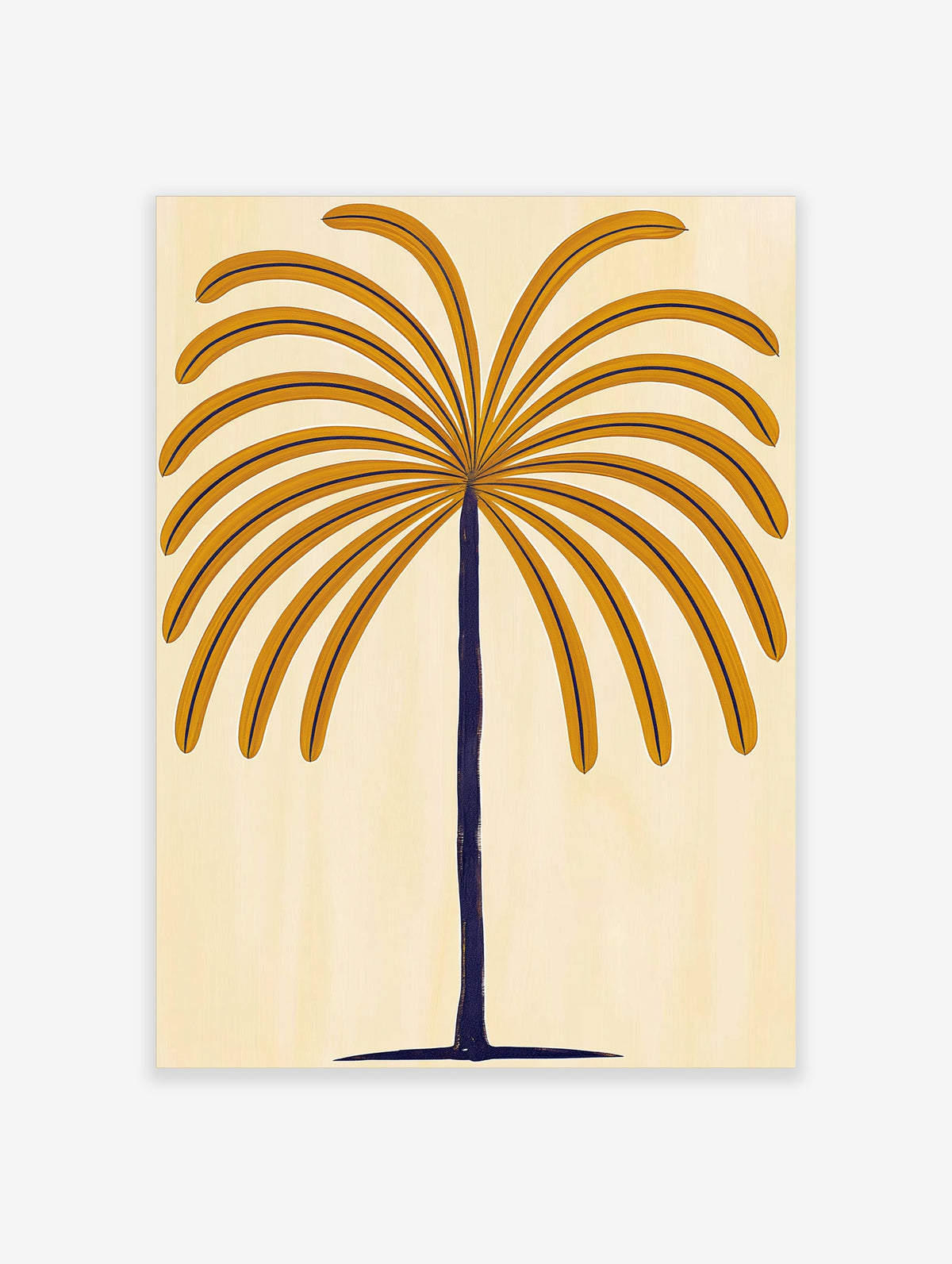 Golden palm tree with dark navy trunk and curved fronds on cream background, botanical poster