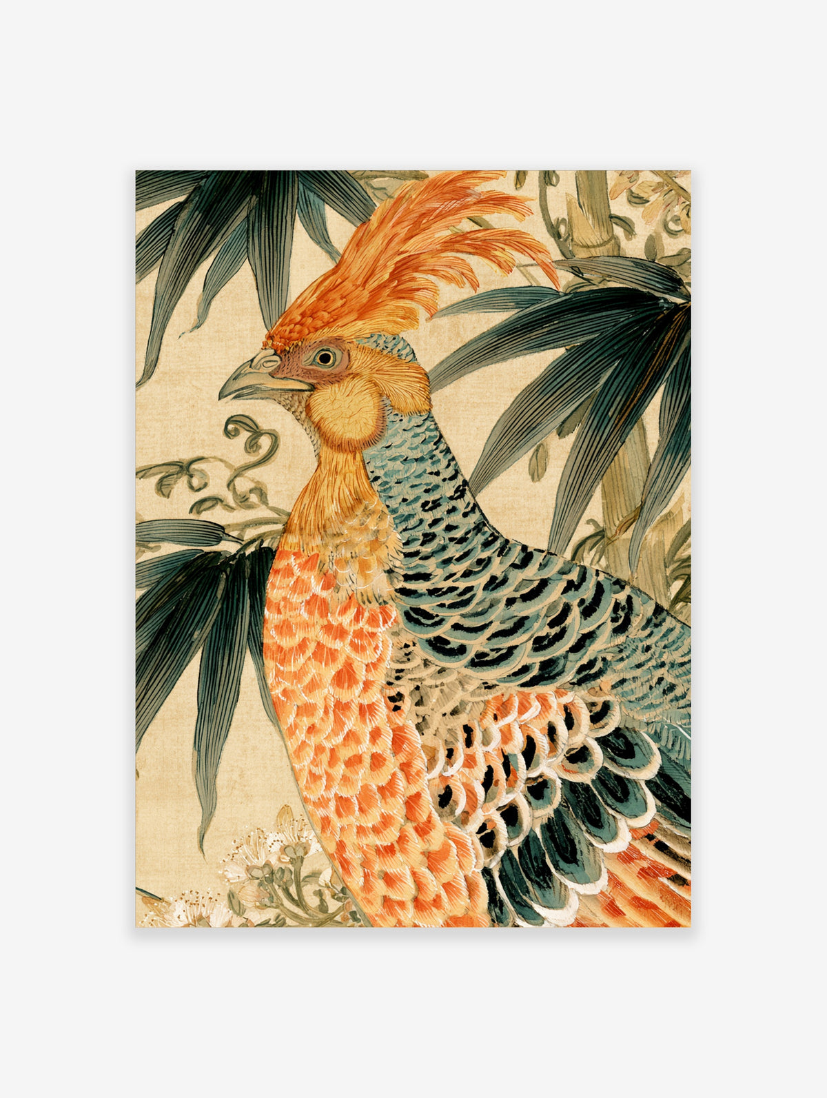 Golden pheasant art print with orange crest and blue neck feathers among bamboo leaves
