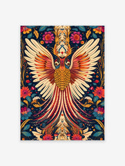 Golden Phoenix poster with spread wings, intricate scales, and a vibrant blue background with colorful floral patterns.