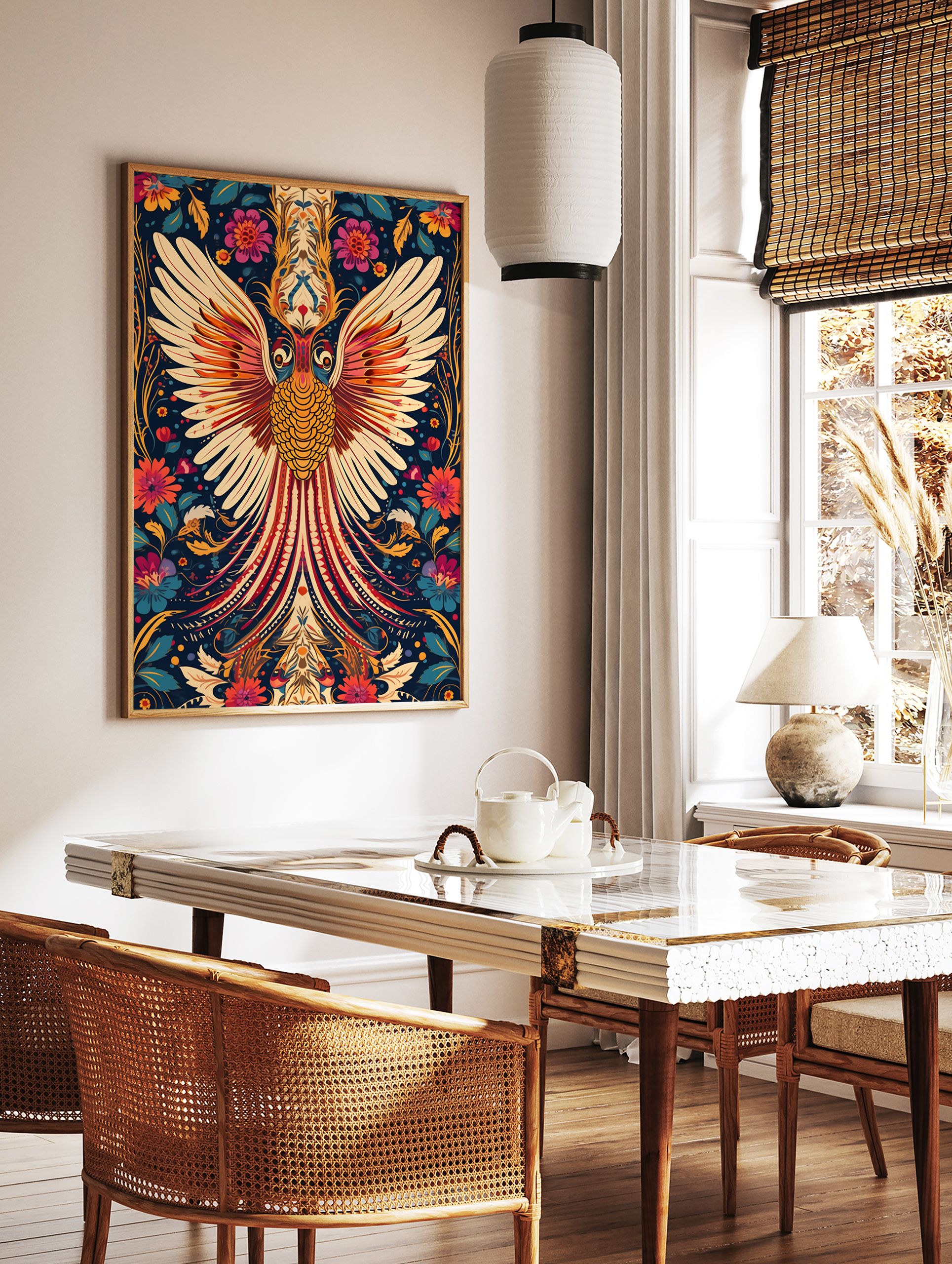 Golden Phoenix poster with spread wings, intricate scales, and a vibrant blue background with colorful floral patterns. - Image 2