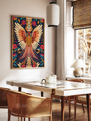Golden Phoenix poster with spread wings, intricate scales, and a vibrant blue background with colorful floral patterns. - Image 2