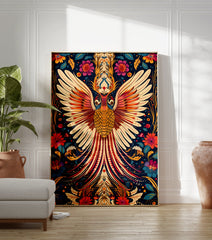 Golden Phoenix poster with spread wings, intricate scales, and a vibrant blue background with colorful floral patterns. - Image 3