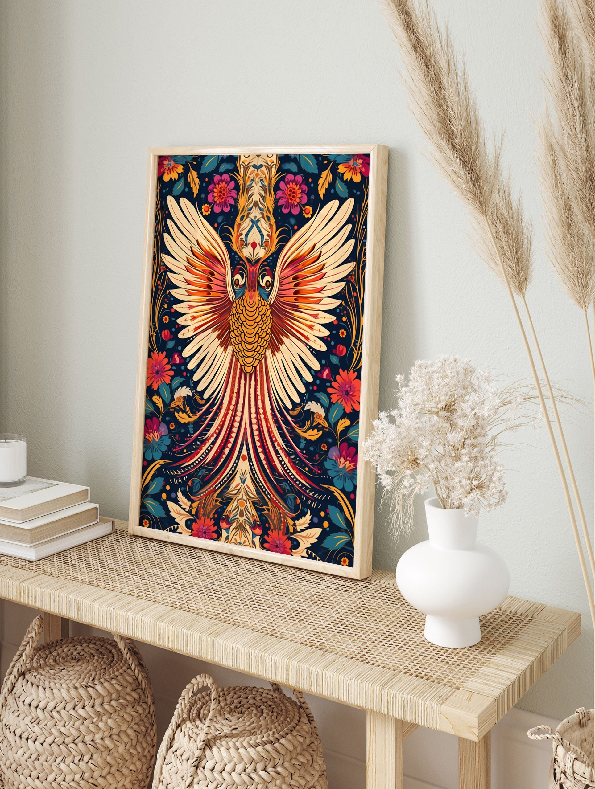 Golden Phoenix poster with spread wings, intricate scales, and a vibrant blue background with colorful floral patterns. - Image 4