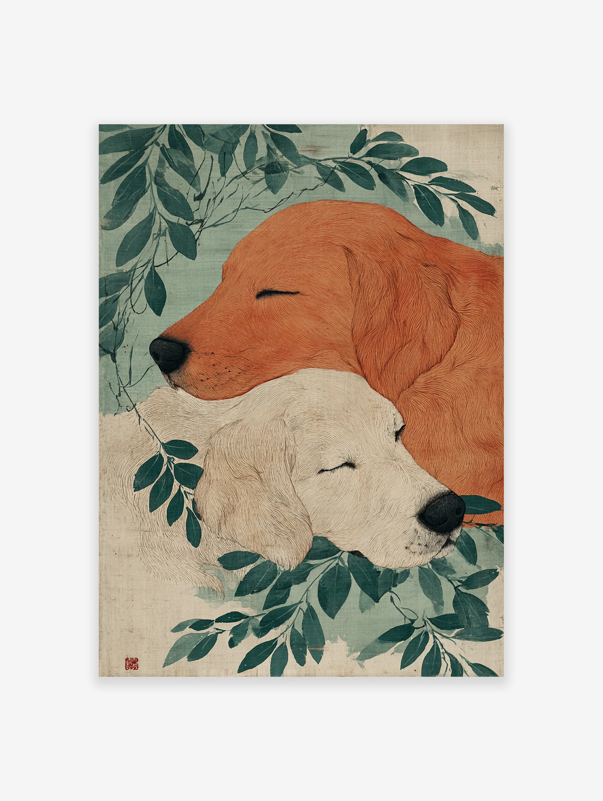 Illustrative Golden Retriever art print showing two sleeping dogs, one reddish-brown and one cream, surrounded by green leaves.