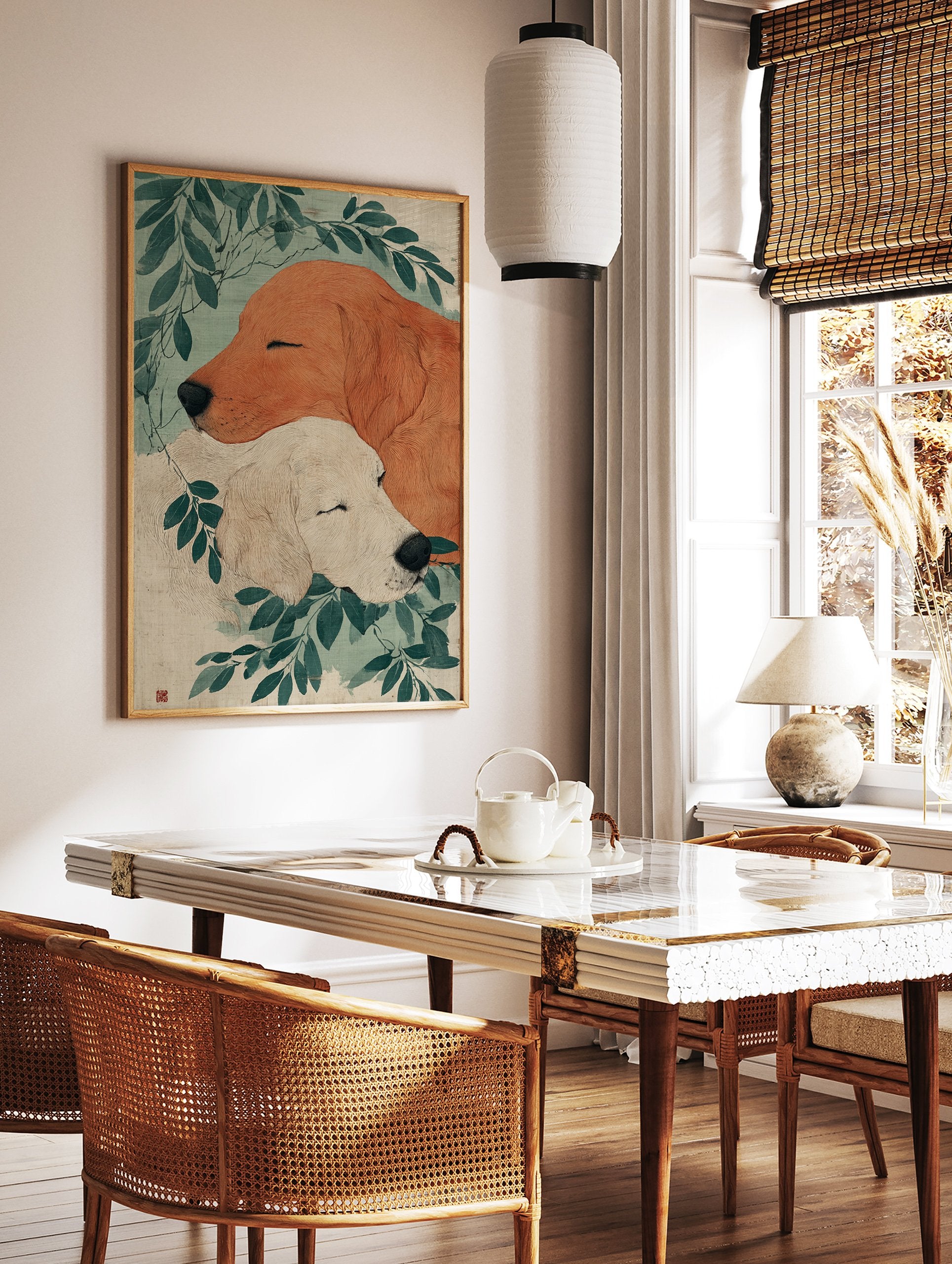 Illustrative Golden Retriever art print showing two sleeping dogs, one reddish-brown and one cream, surrounded by green leaves. - Image 2