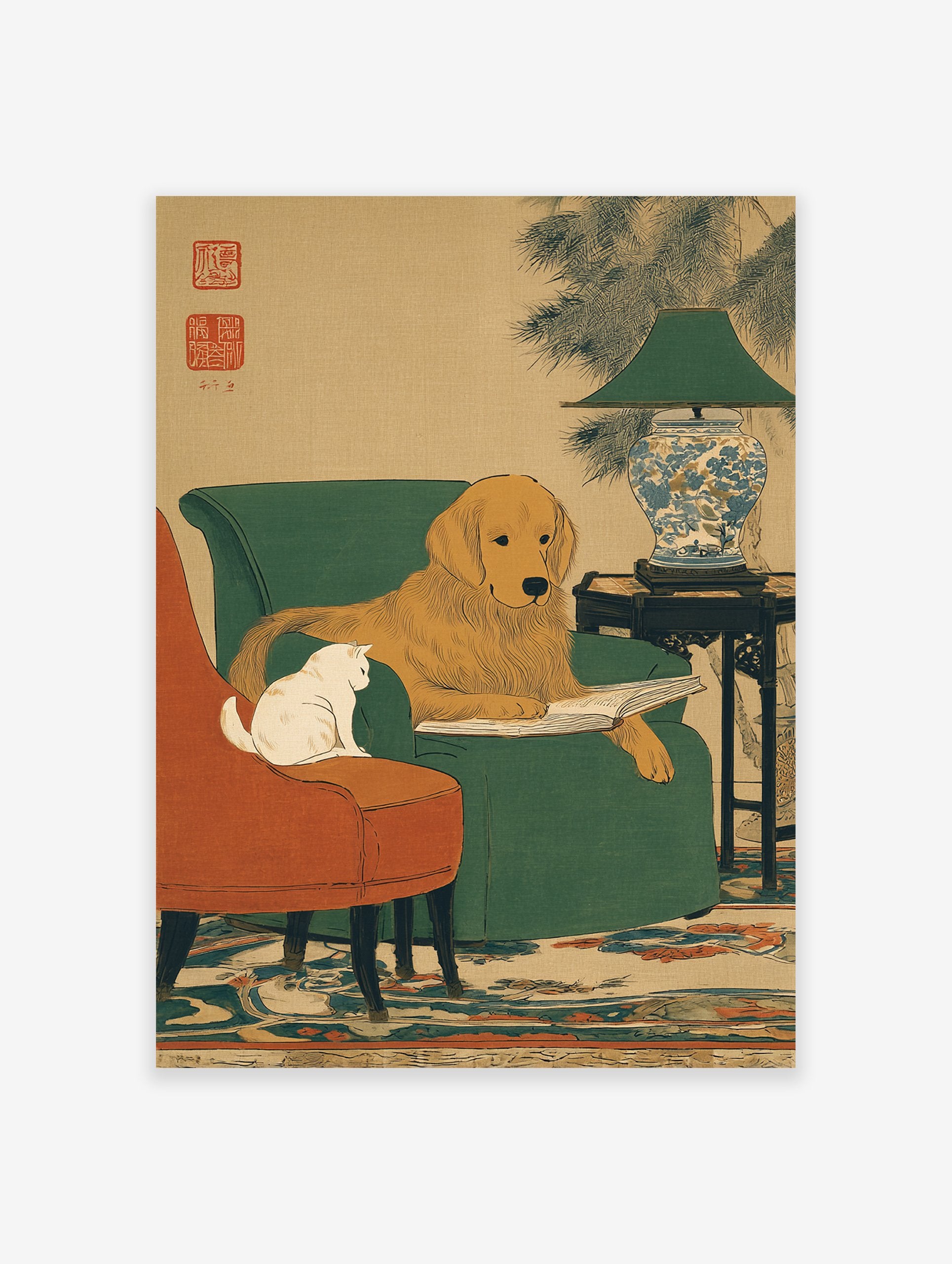 Golden retriever dog reading a book in an armchair with a white cat in a Japanese Ukiyo-e style art print, on a beige background.