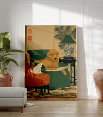 Golden retriever dog reading a book in an armchair with a white cat in a Japanese Ukiyo-e style art print, on a beige background. - Image 3